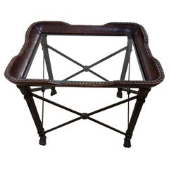 Vintage Maitland Smith Leather, Wrought-Iron and Glass-Top side Table