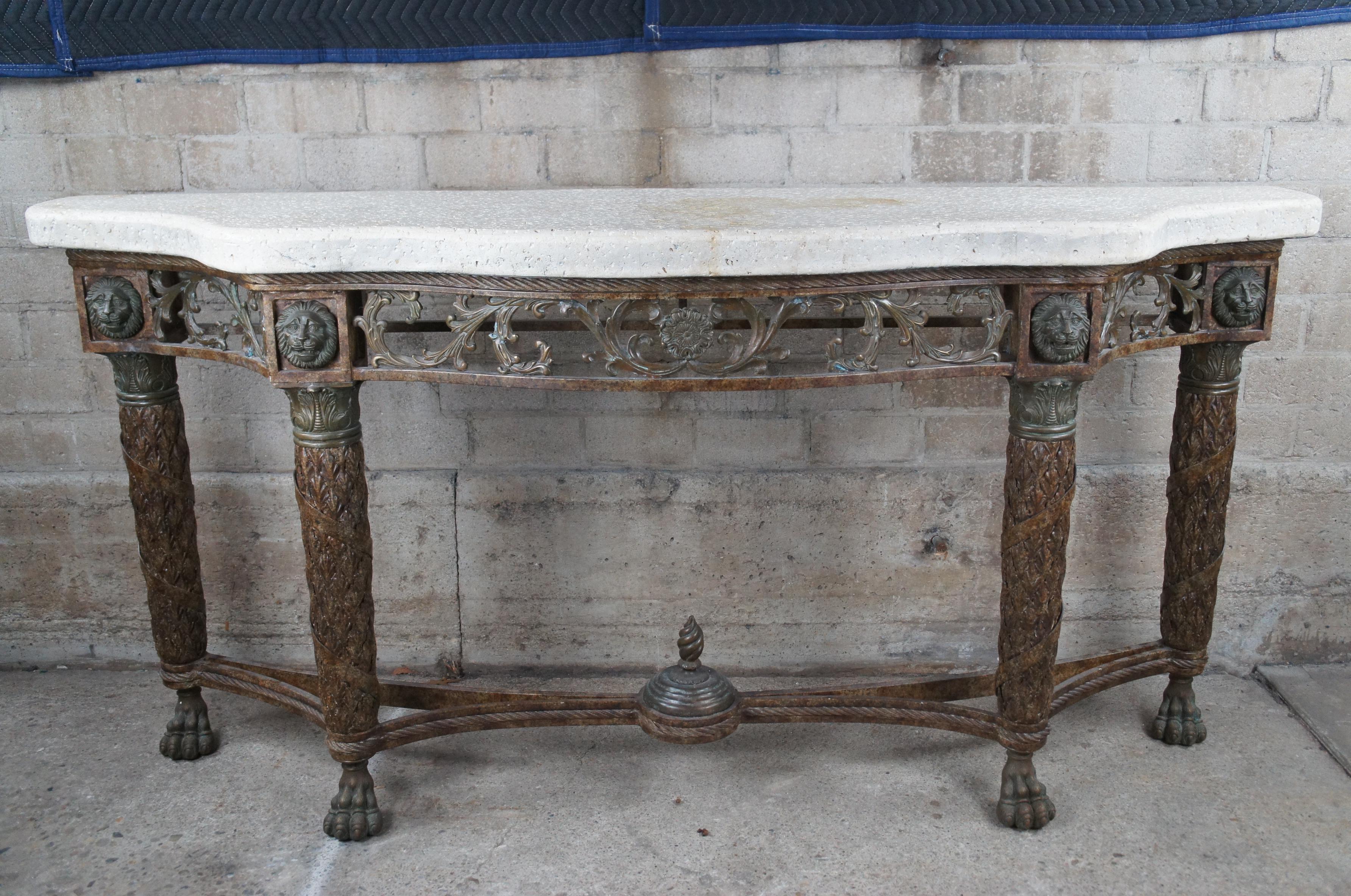 Vintage Maitland Smith Consola de hierro Luis XVI y león de piedra Mesa de entrada de sofá 79