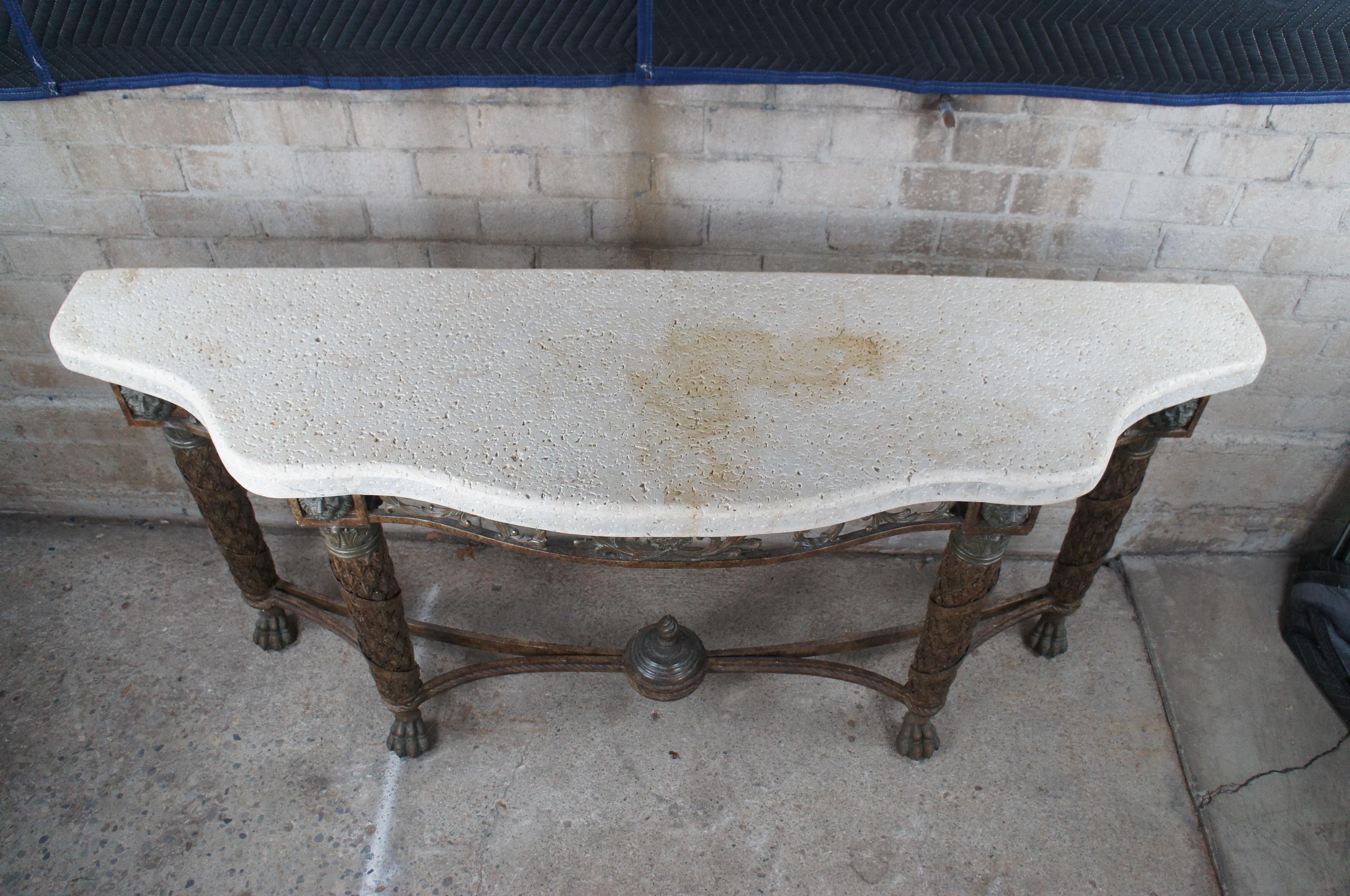 Vintage Maitland Smith Consola de hierro Luis XVI y león de piedra Mesa de entrada de sofá 79