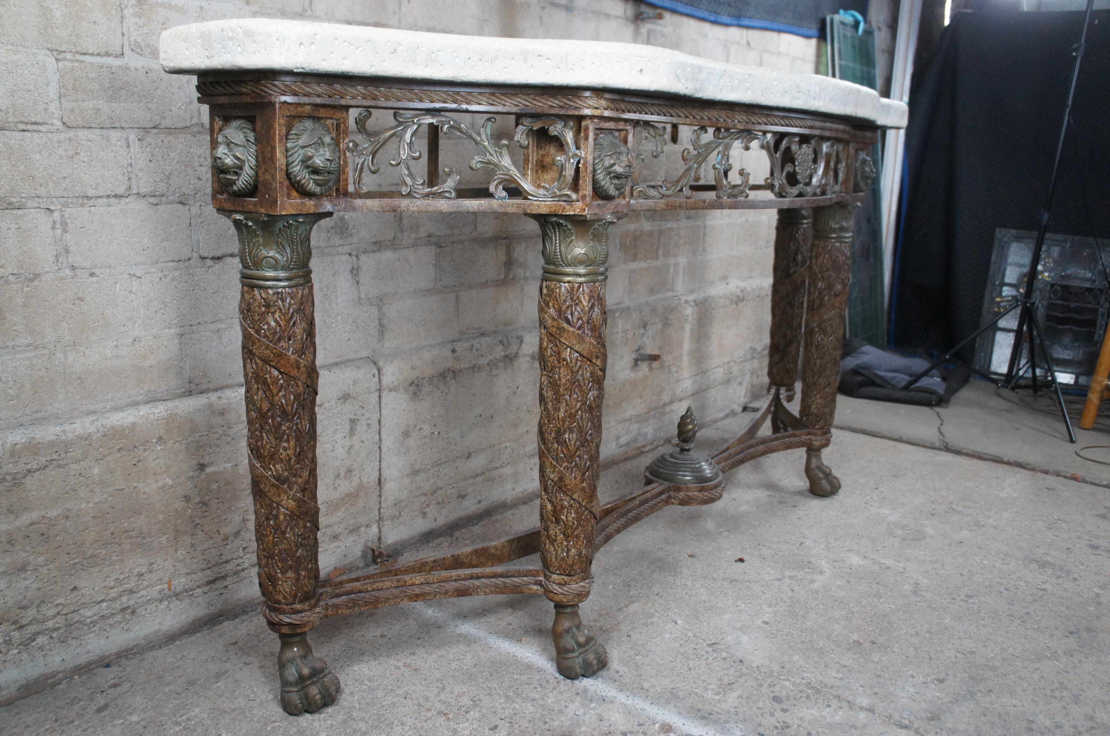 Vintage Maitland Smith Consola de hierro Luis XVI y león de piedra Mesa de entrada de sofá 79