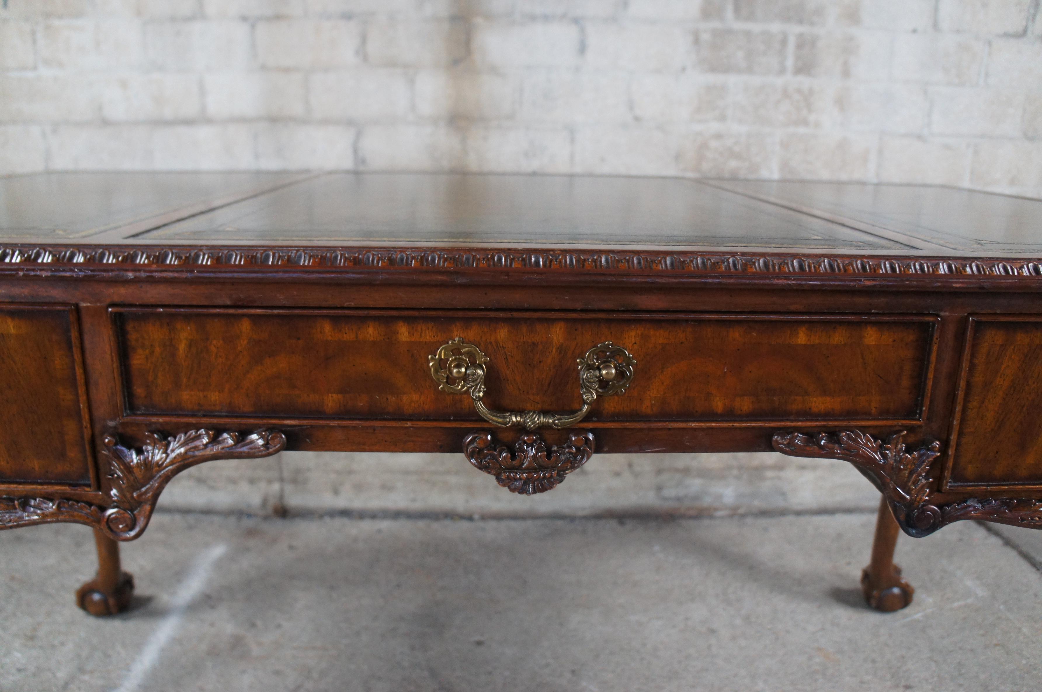 Brass Vintage Maitland Smith Mahogany Leather Chippendale Ball & Claw Writing Desk