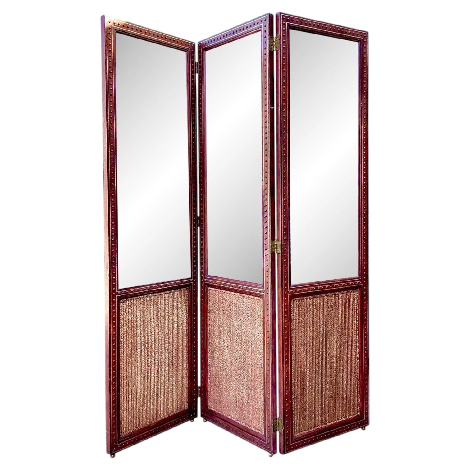 Vintage Maitland Smith Nailhead Leather Screen For Sale at 1stDibs