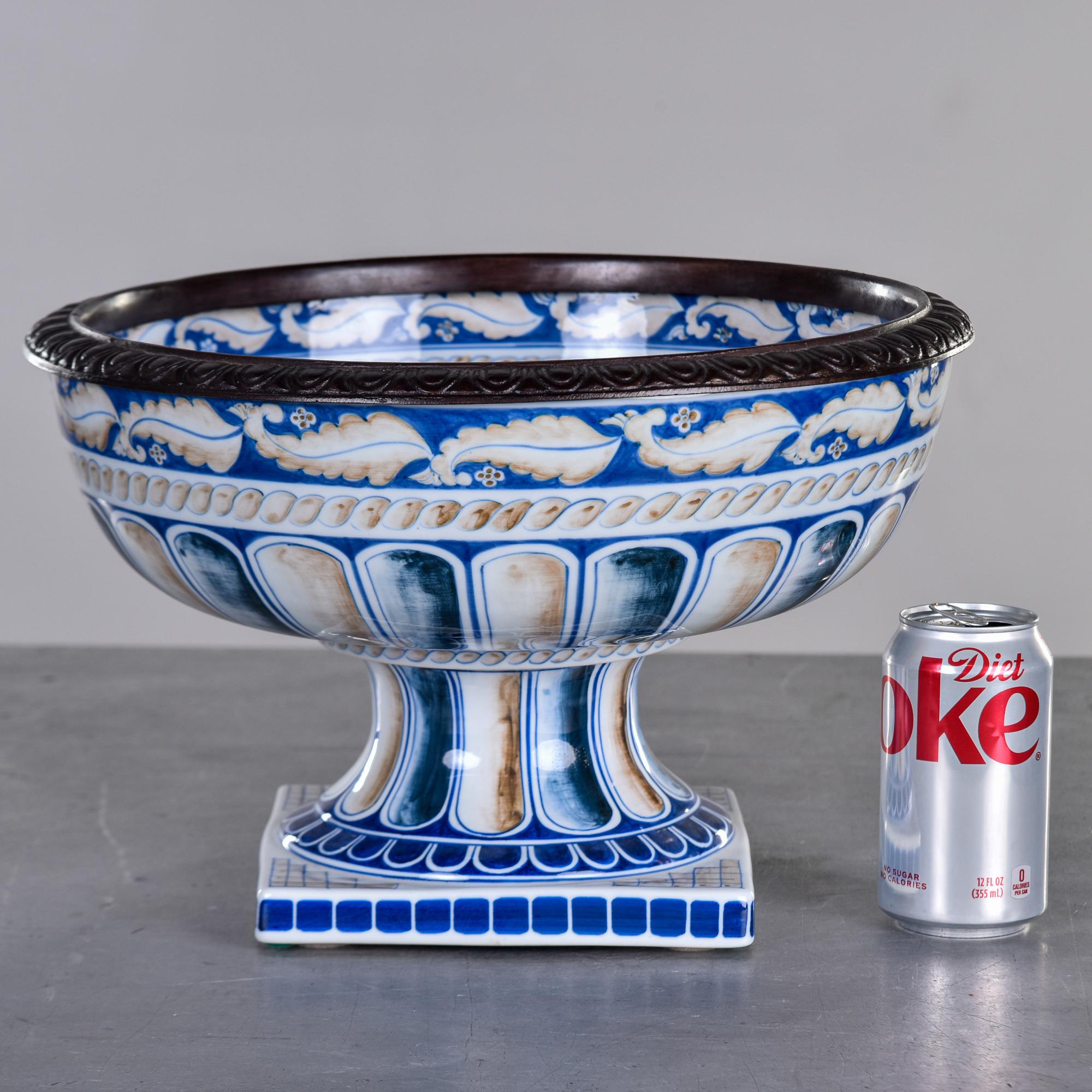 Vietnamese Vintage Maitland Smith Porcelain Pedestal Bowl with Bronze Rim For Sale