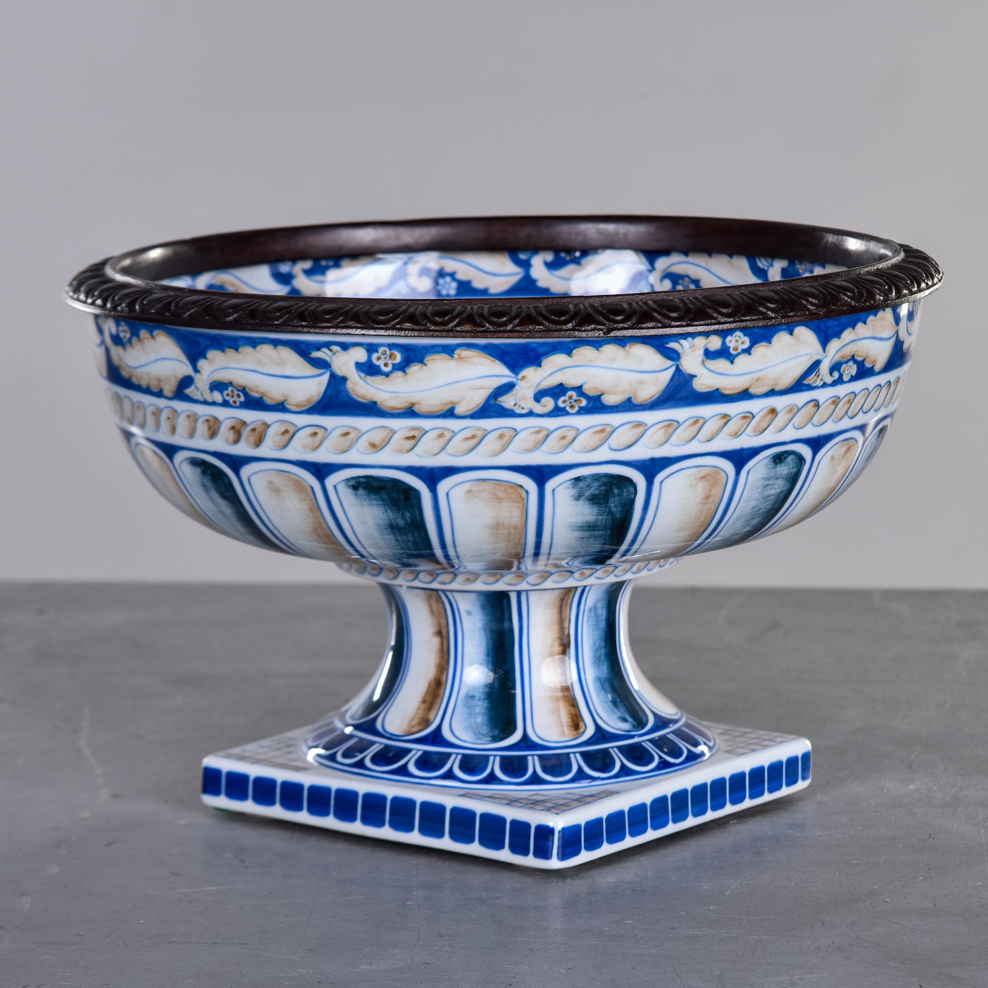 20th Century Vintage Maitland Smith Porcelain Pedestal Bowl with Bronze Rim For Sale