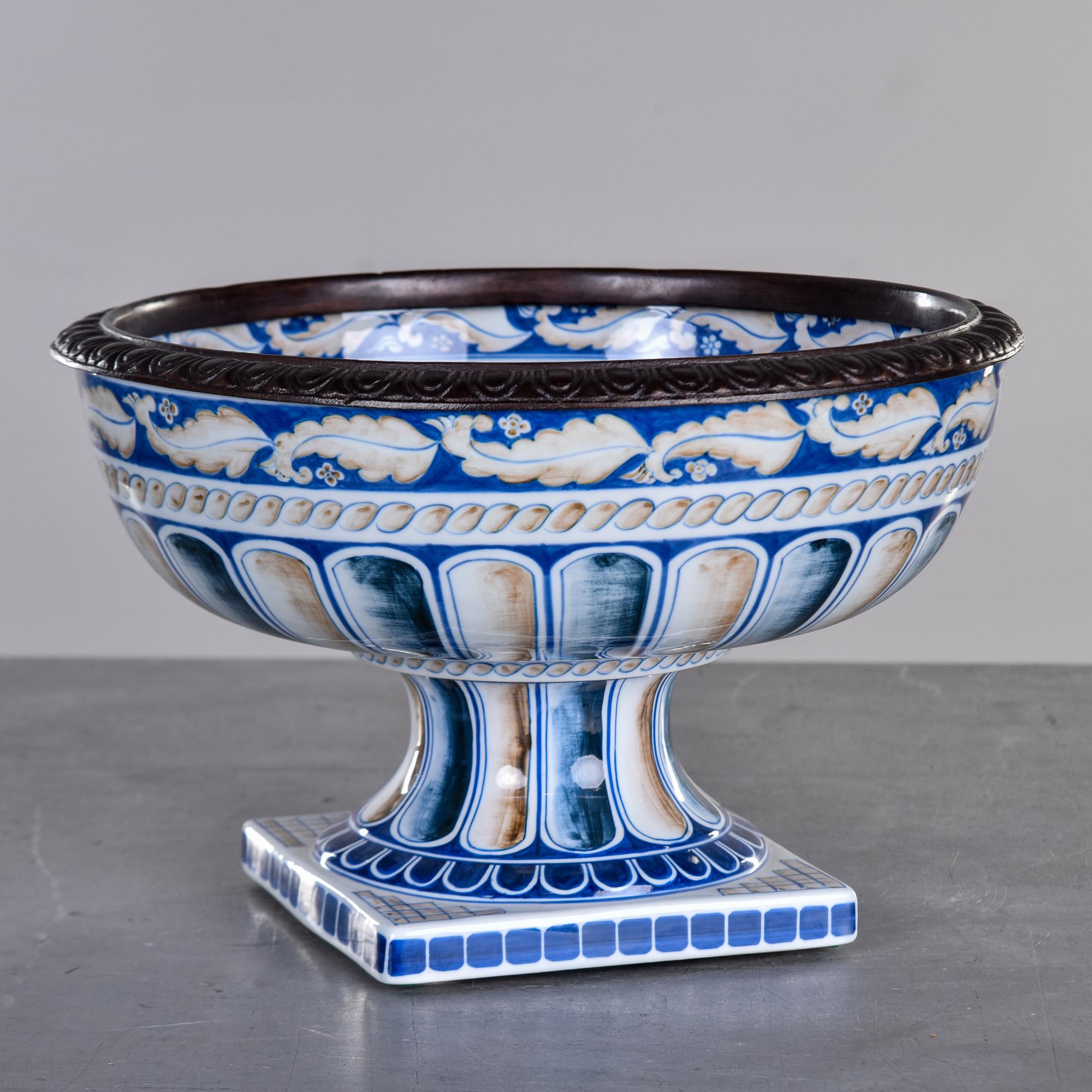 Vintage Maitland Smith Porcelain Pedestal Bowl with Bronze Rim For Sale 1