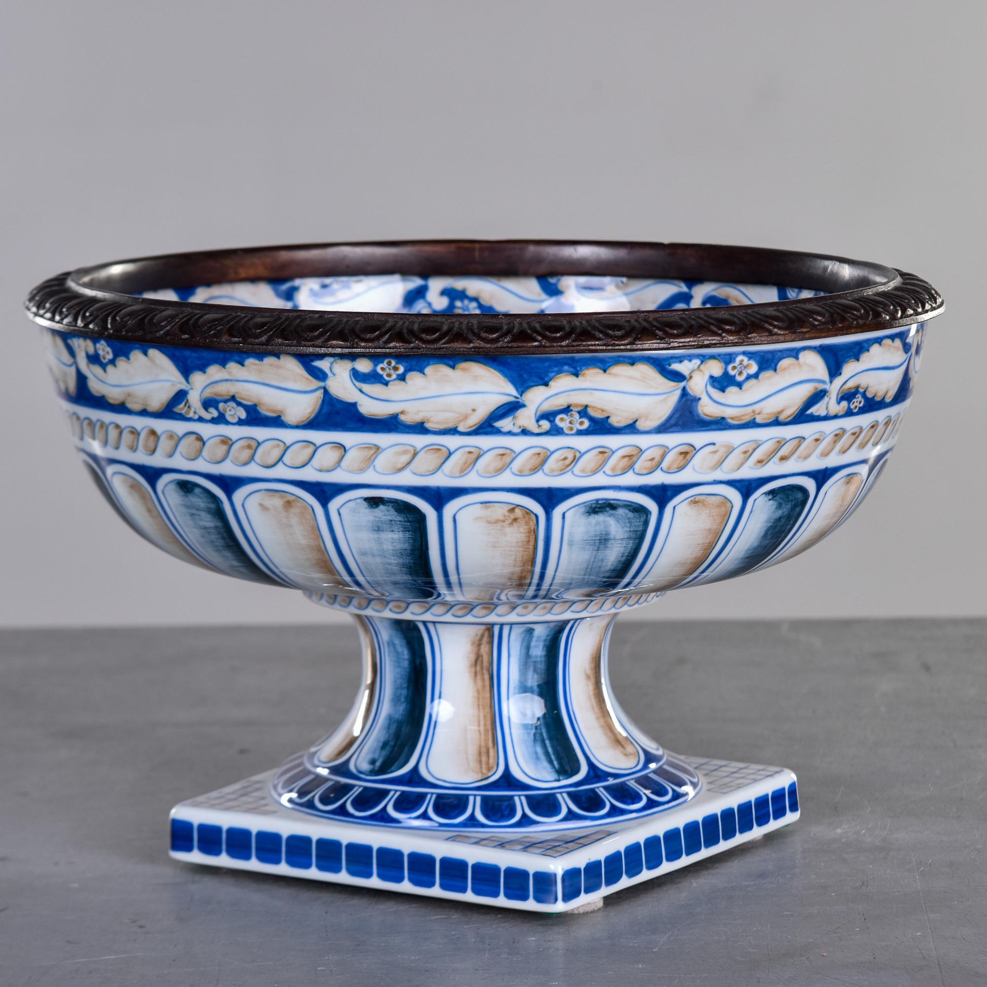 Vintage Maitland Smith Porcelain Pedestal Bowl with Bronze Rim For Sale 2