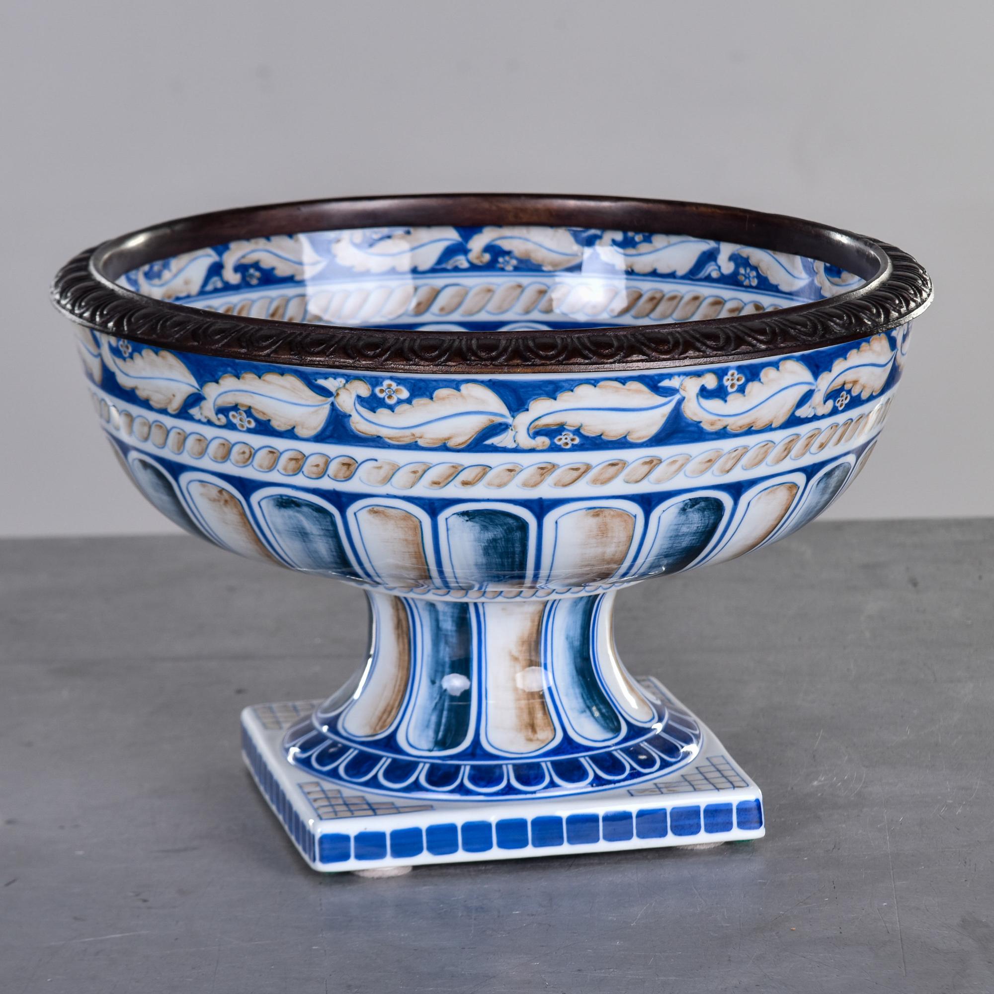 Vintage Maitland Smith Porcelain Pedestal Bowl with Bronze Rim For Sale 3
