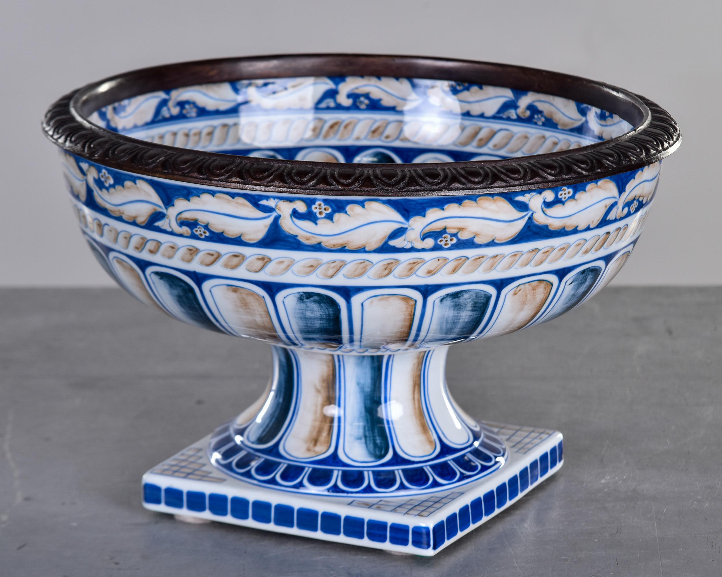Vintage Maitland Smith Porcelain Pedestal Bowl with Bronze Rim For Sale 4