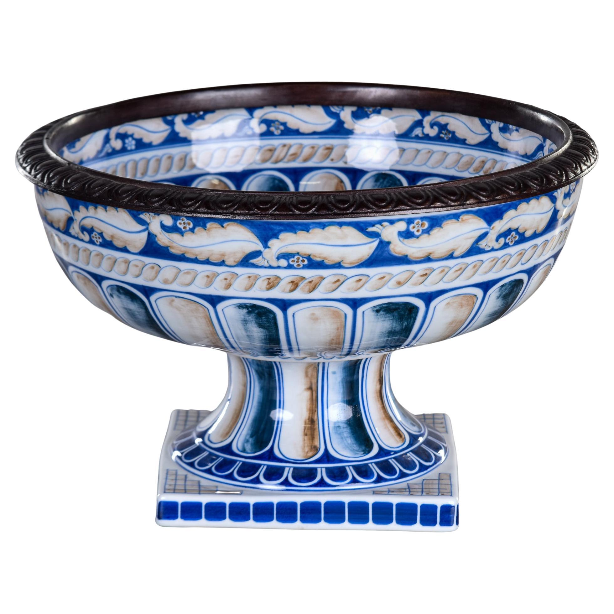 Vintage Maitland Smith Porcelain Pedestal Bowl with Bronze Rim For Sale