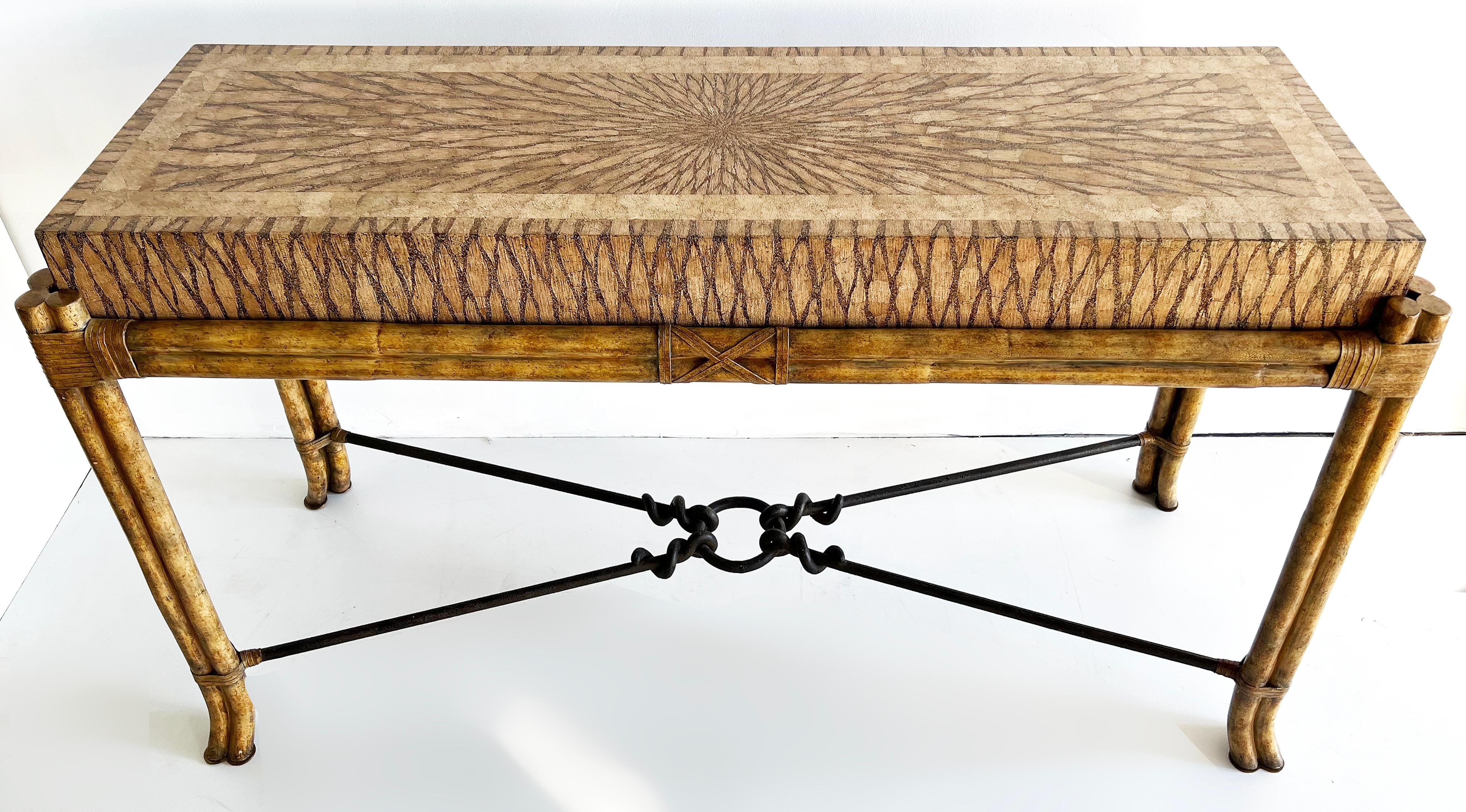 Vintage Maitland-Smith Rattan, Leather and Iron Console Table In Good Condition For Sale In Miami, FL