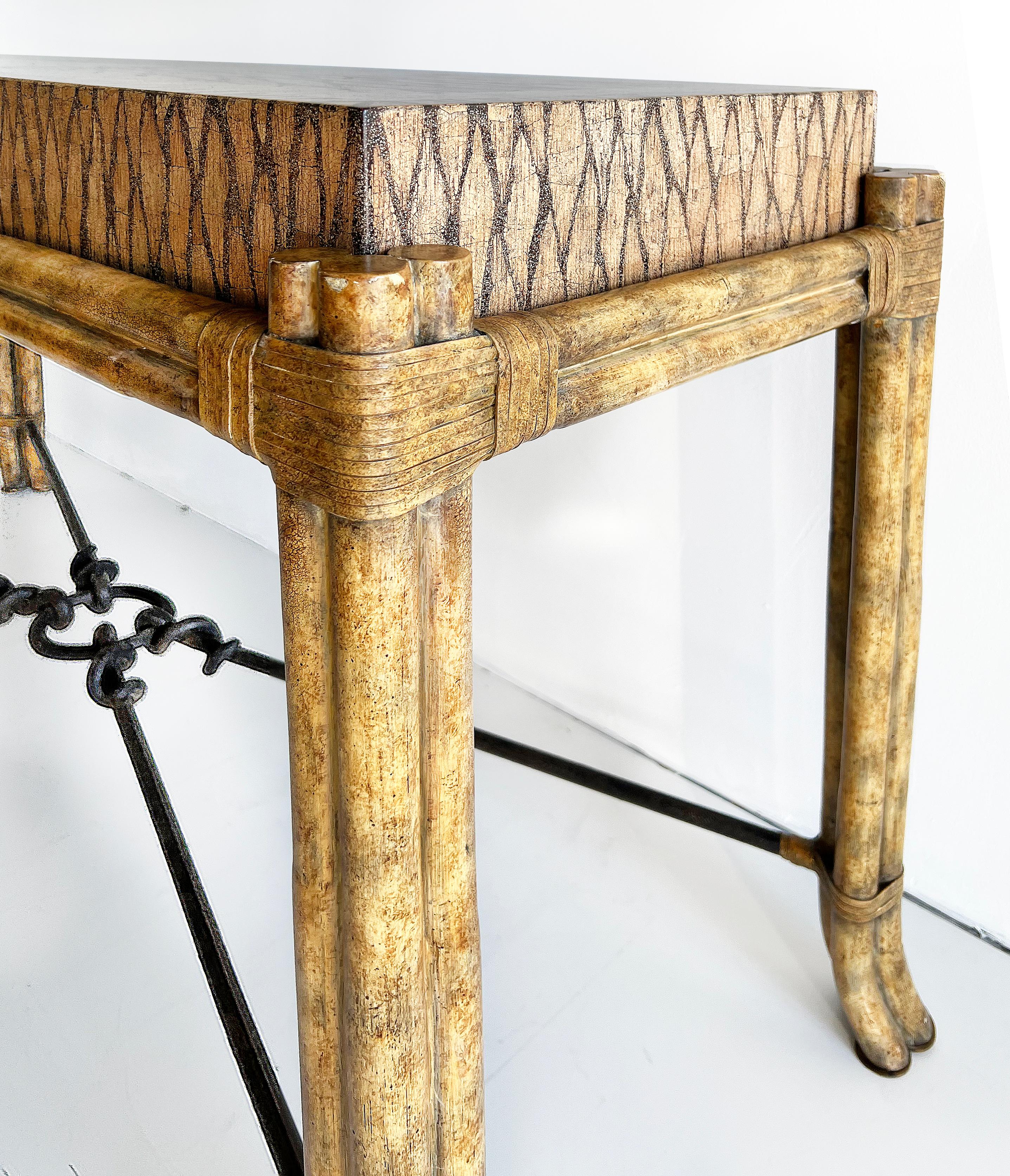Vintage Maitland-Smith Rattan, Leather and Iron Console Table For Sale 1