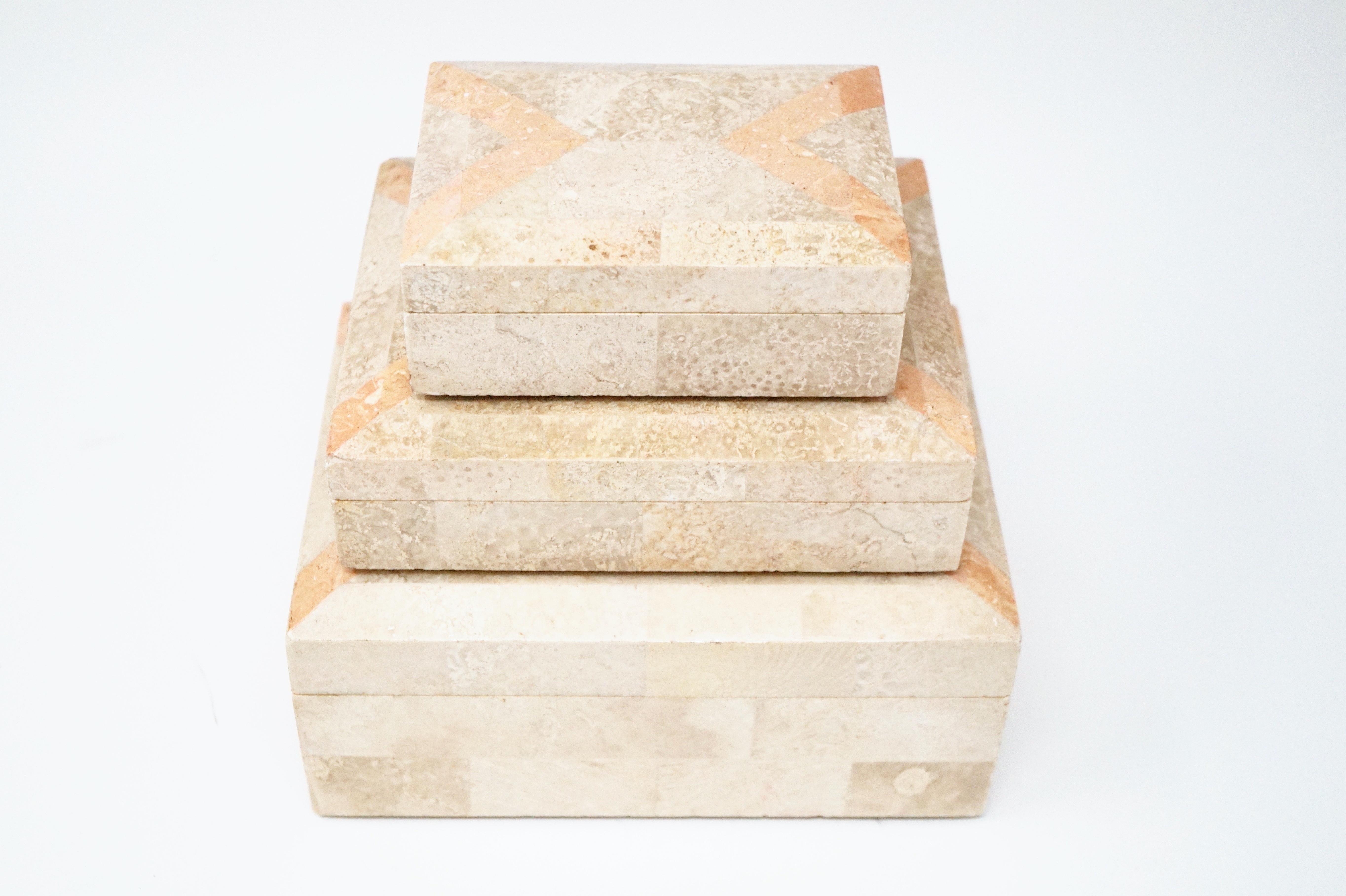 Modern Vintage Maitland Smith Set of Three Tessellated Beige and Peach Stone Boxes