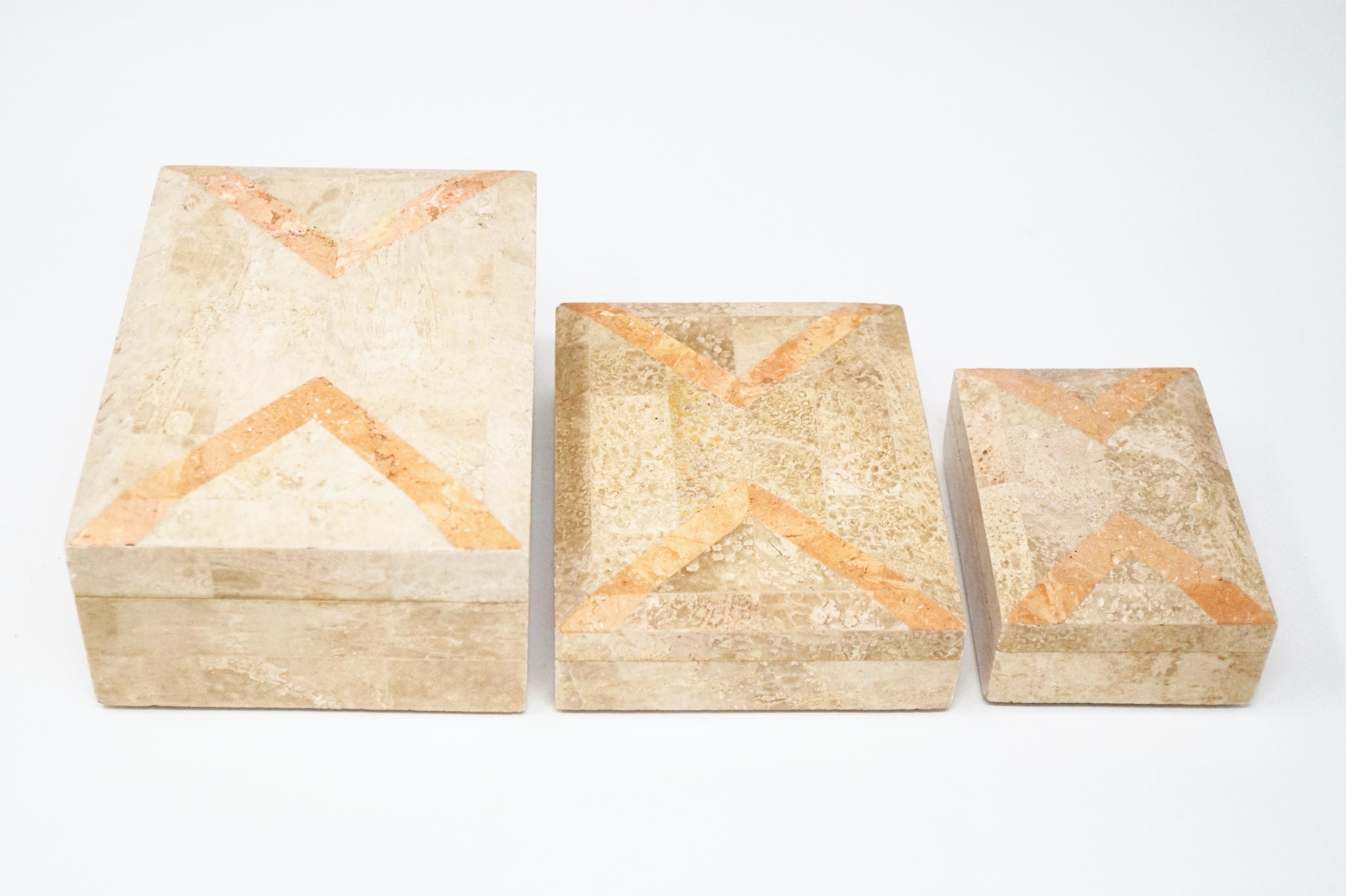 20th Century Vintage Maitland Smith Set of Three Tessellated Beige and Peach Stone Boxes