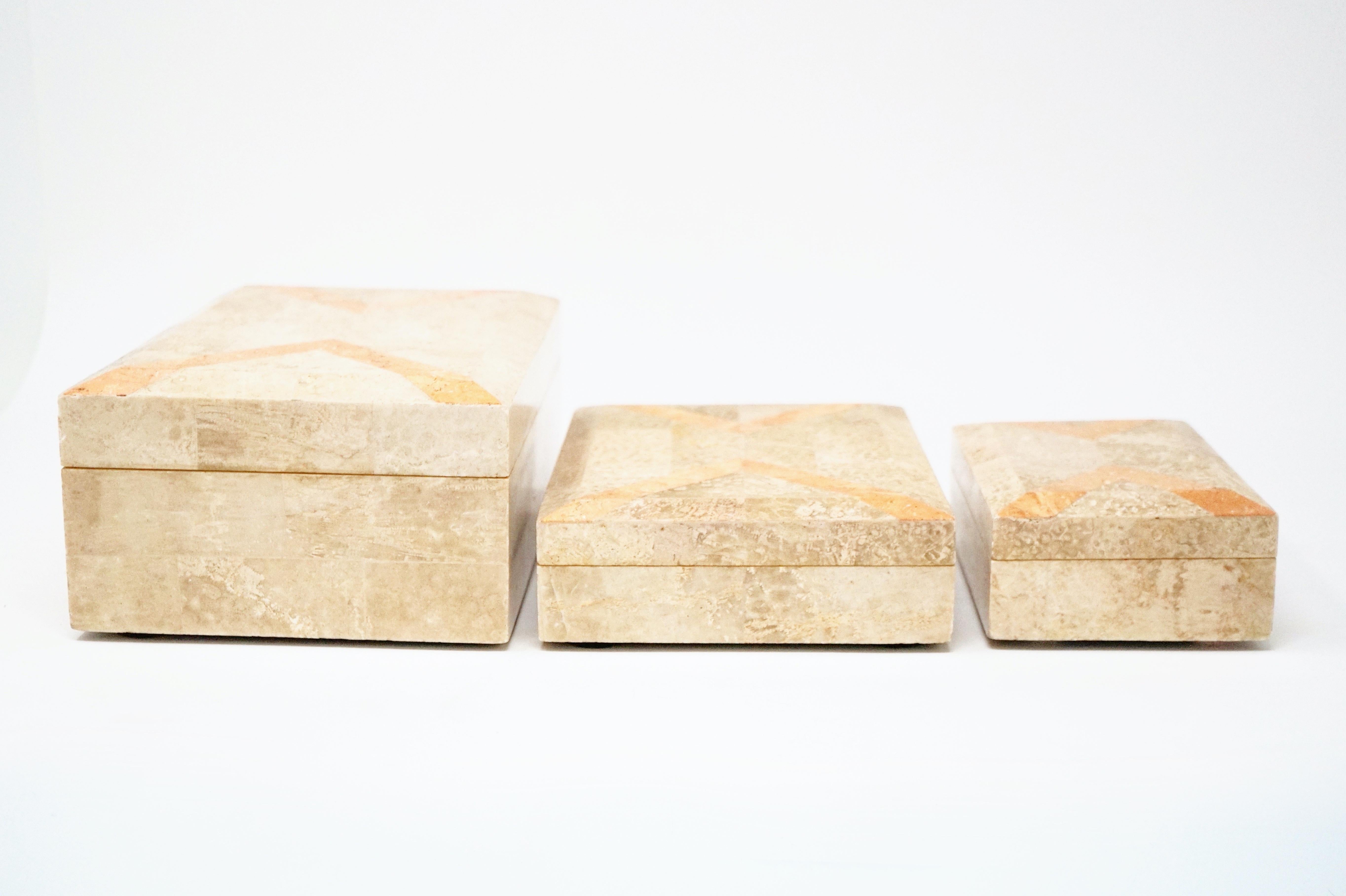 Vintage Maitland Smith Set of Three Tessellated Beige and Peach Stone Boxes 1