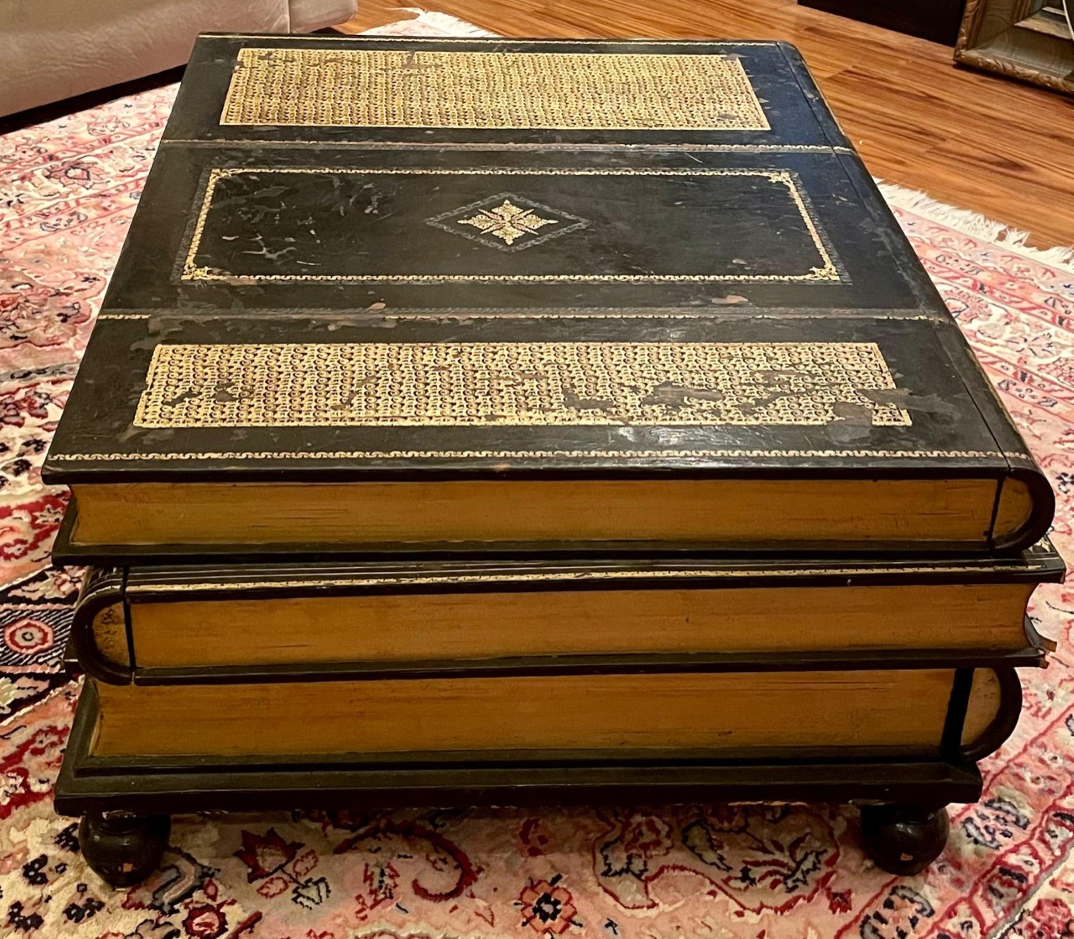 Vintage Maitland Smith stacked book leather bound 3 drawer cocktail coffee table

Whimsical, large black and gold Maitland Smith stacked book leather bound large 3-drawer cocktail coffee table. The table stands on four bun feet and features lined