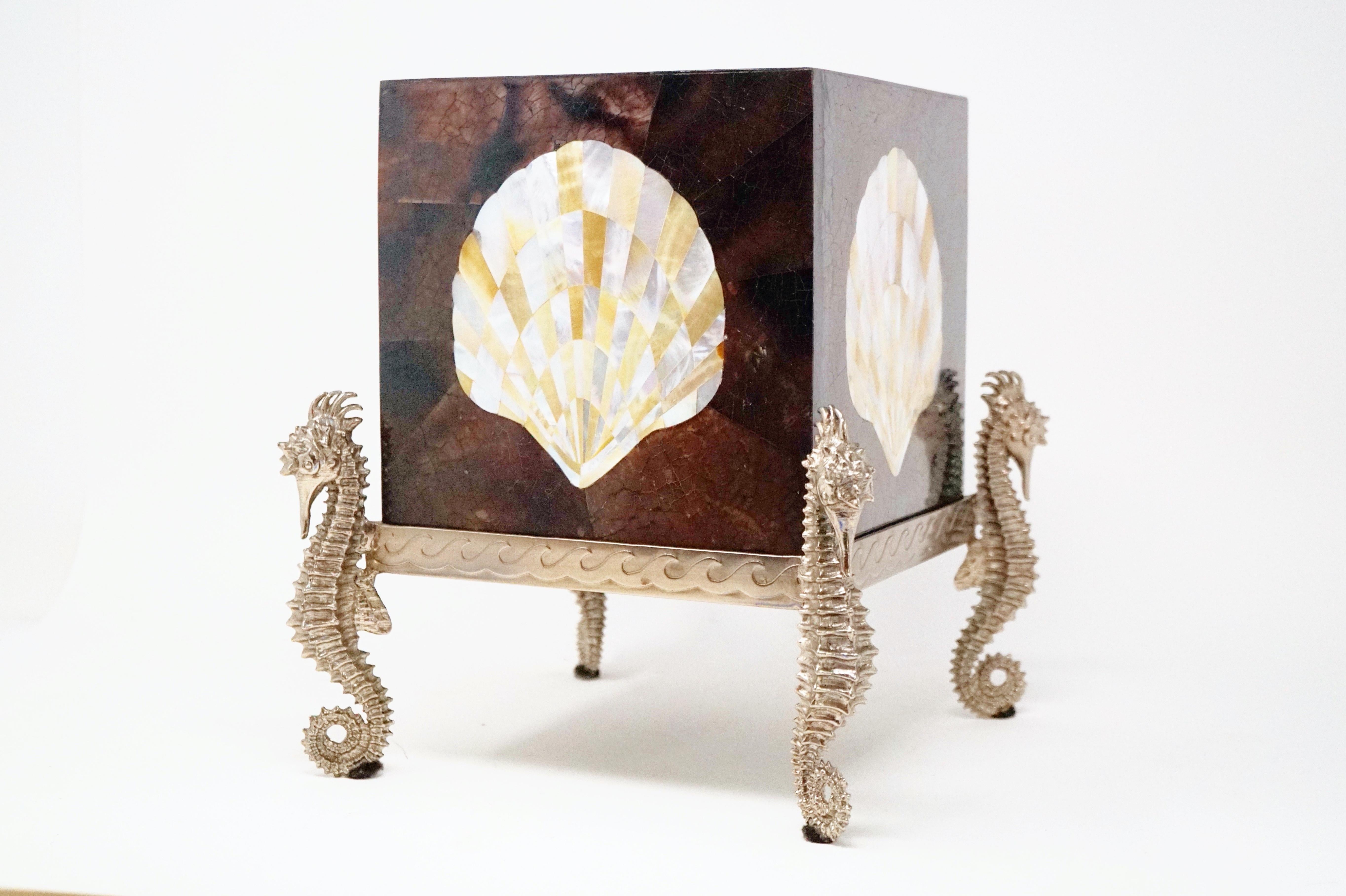 Modern Maitland Smith Tessellated Shell Tissue Box with Seahorse Figural Accents