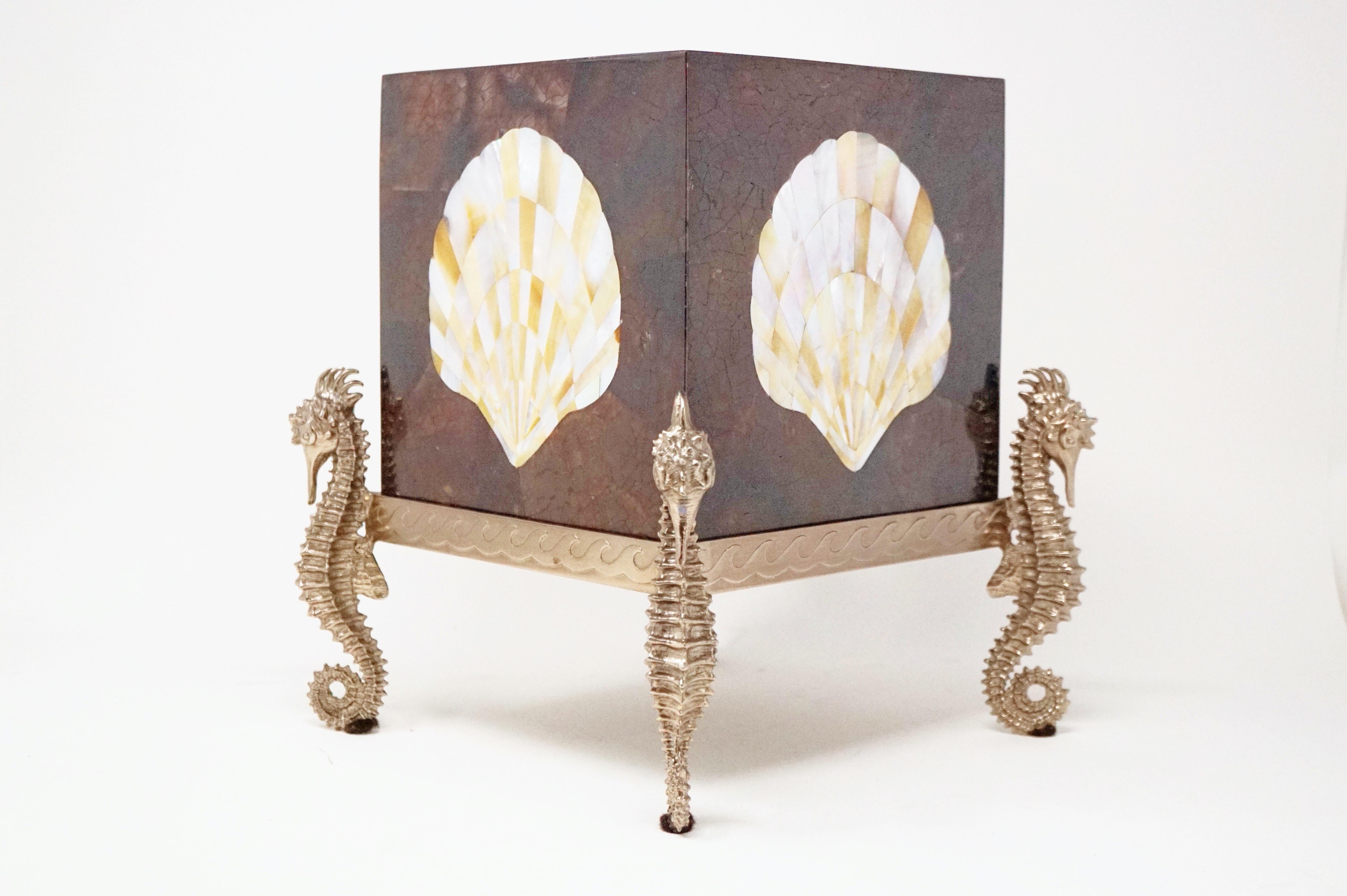 Philippine Maitland Smith Tessellated Shell Tissue Box with Seahorse Figural Accents