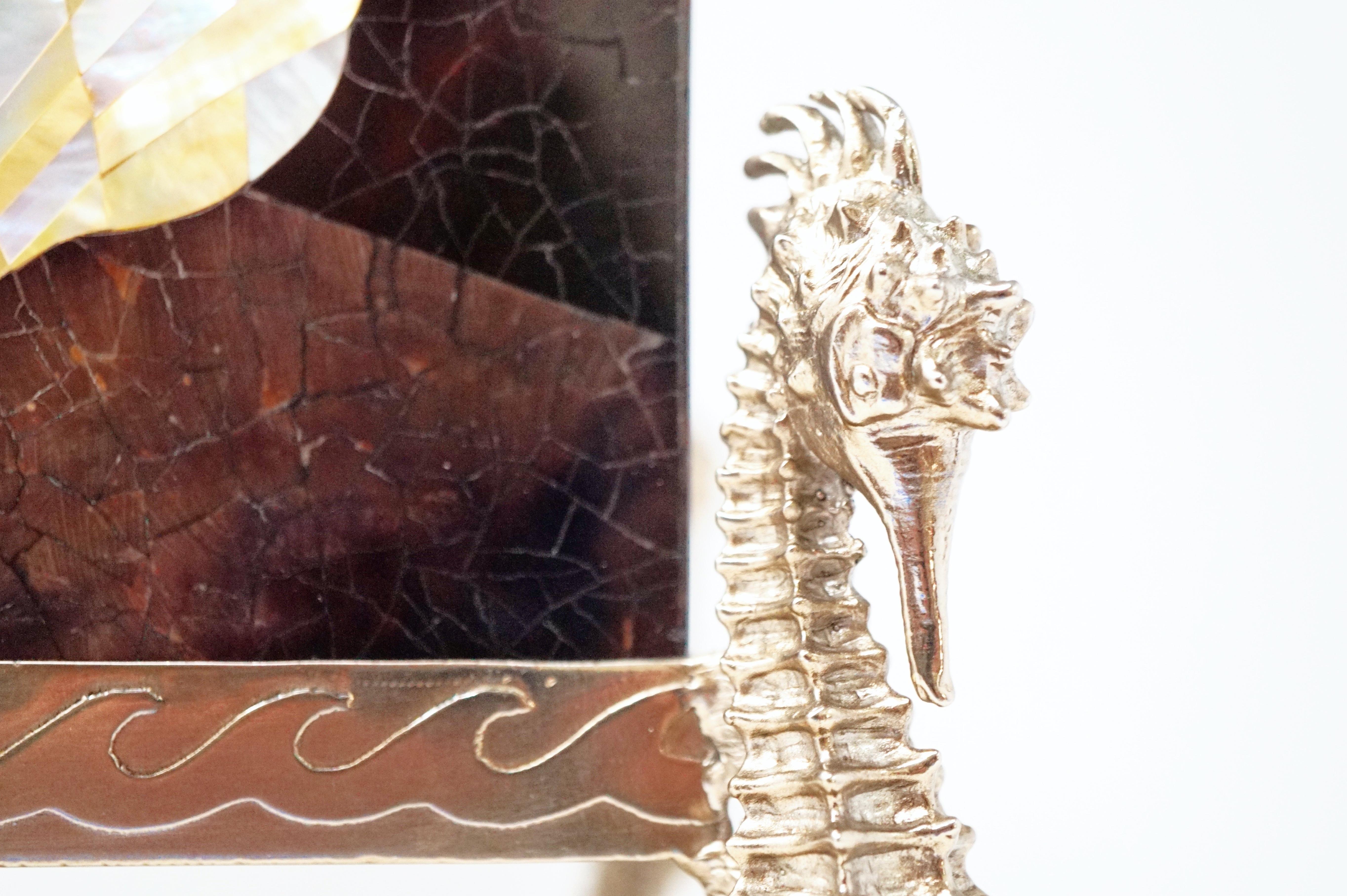 Mother-of-Pearl Maitland Smith Tessellated Shell Tissue Box with Seahorse Figural Accents
