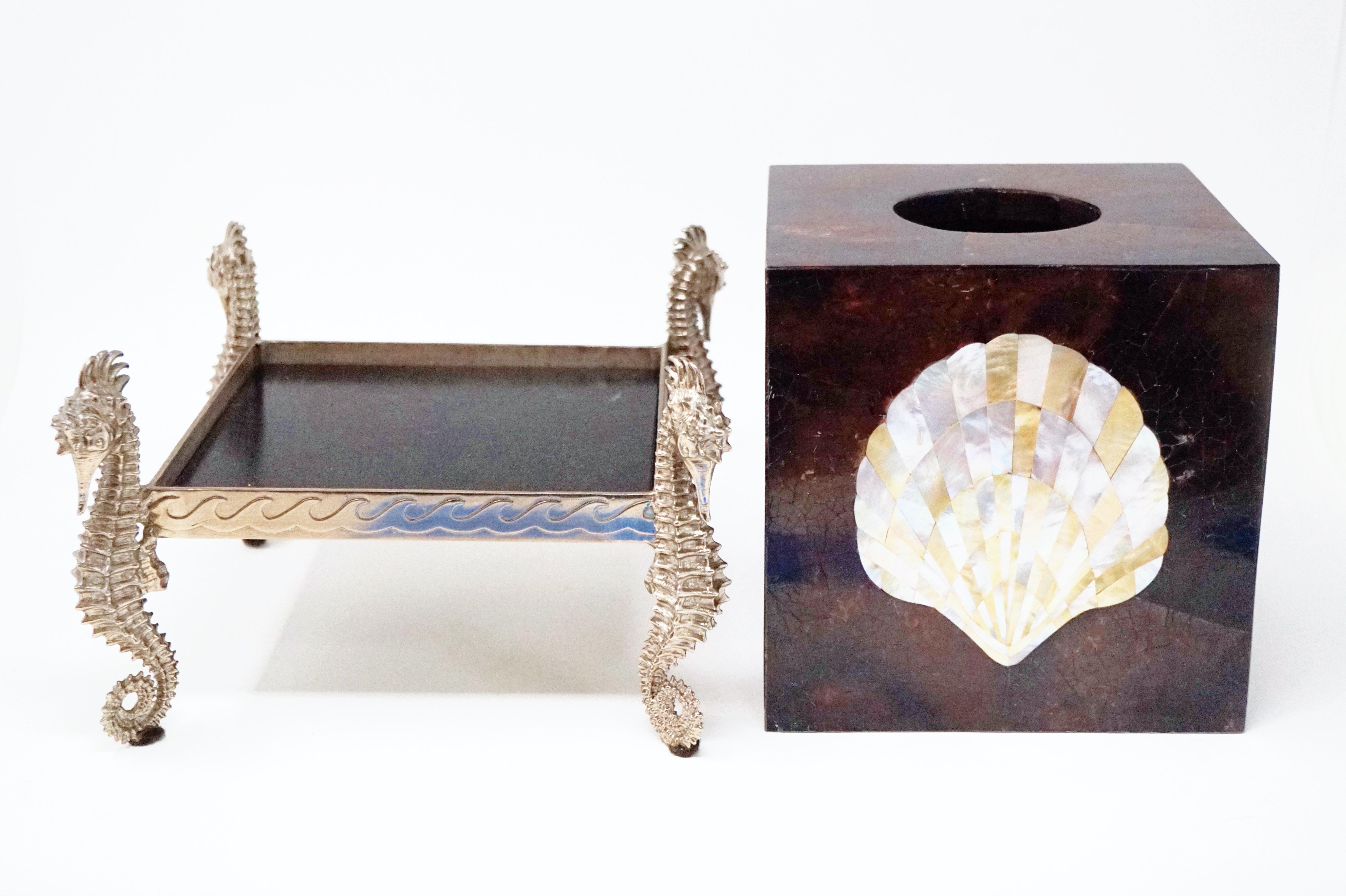Maitland Smith Tessellated Shell Tissue Box with Seahorse Figural Accents 1