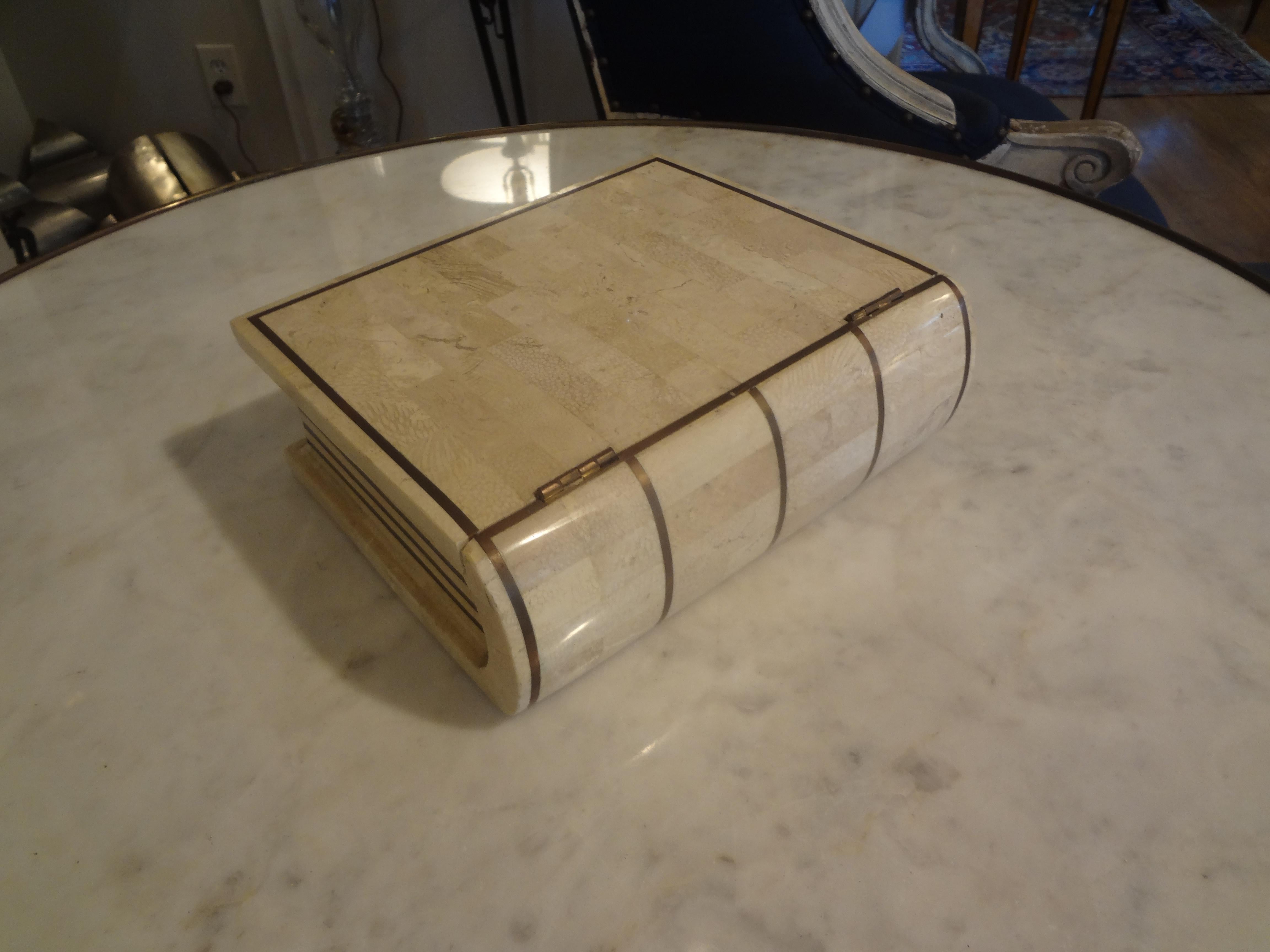 Unknown Vintage Maitland-Smith Tessellated Stone and Brass Book Shaped Box