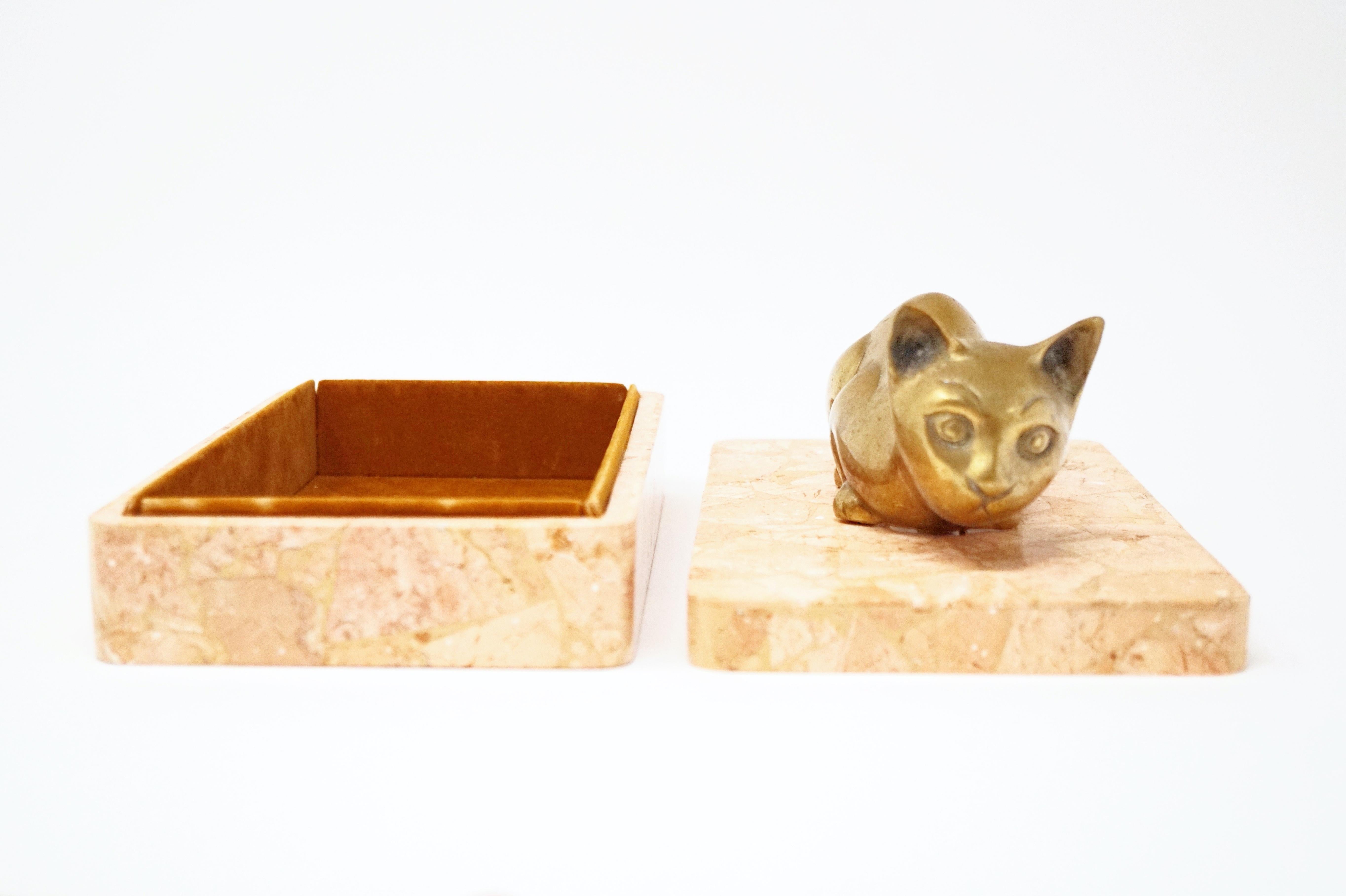Vintage Maitland Smith Tessellated Stone Box with Brass Cat Figurine Handle 4