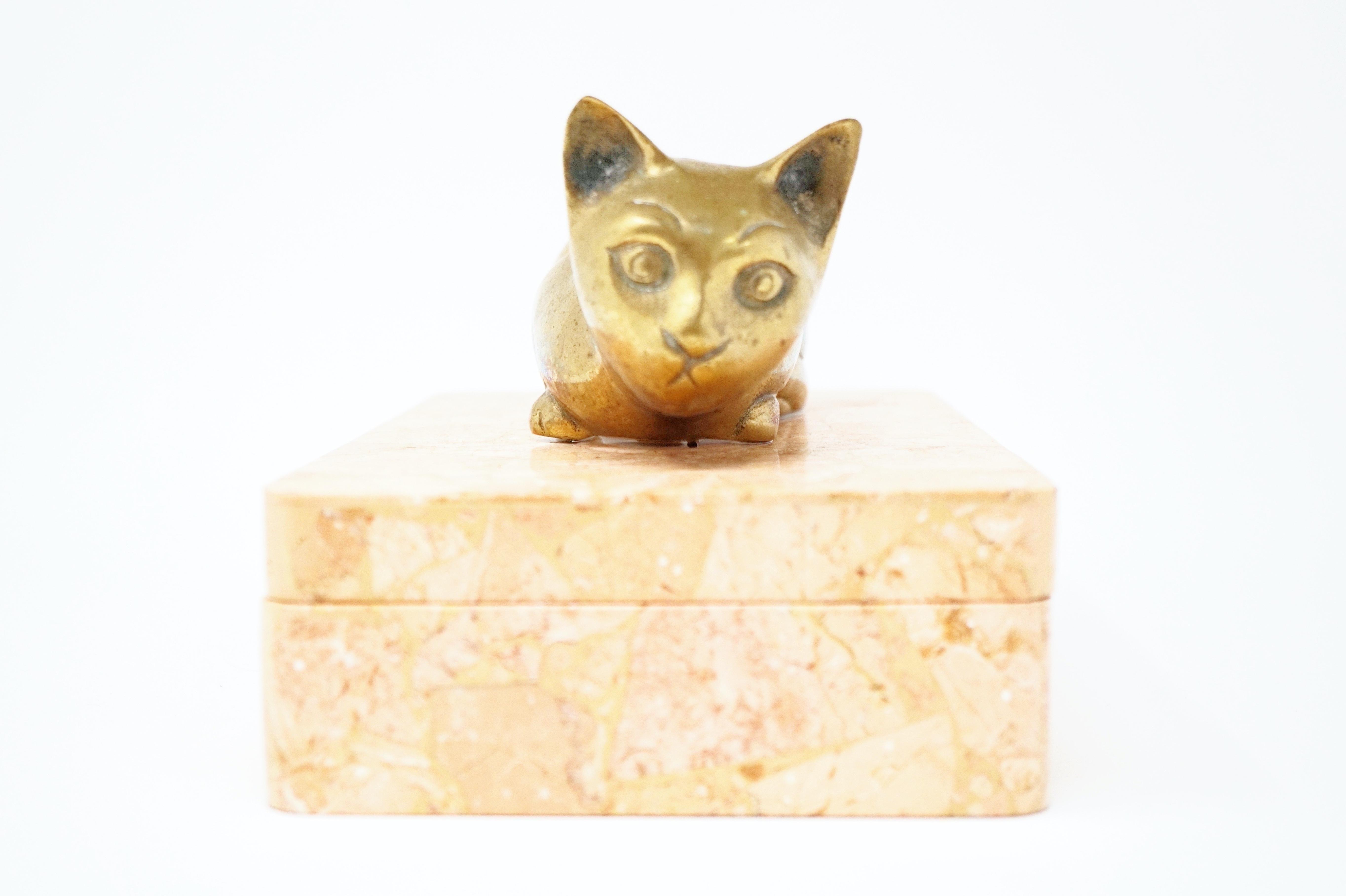 Vintage Maitland Smith Tessellated Stone Box with Brass Cat Figurine Handle 5