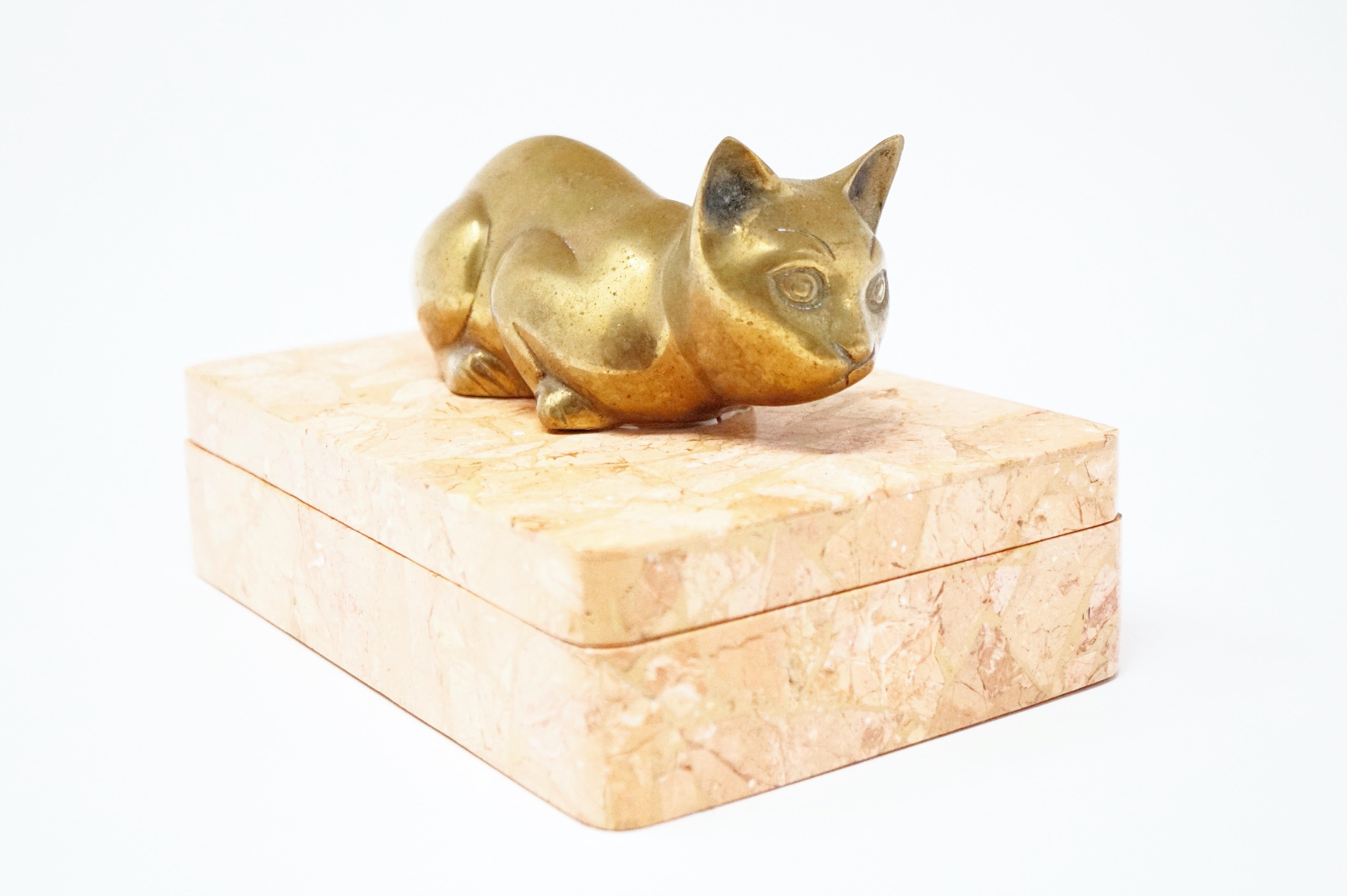 Modern Vintage Maitland Smith Tessellated Stone Box with Brass Cat Figurine Handle