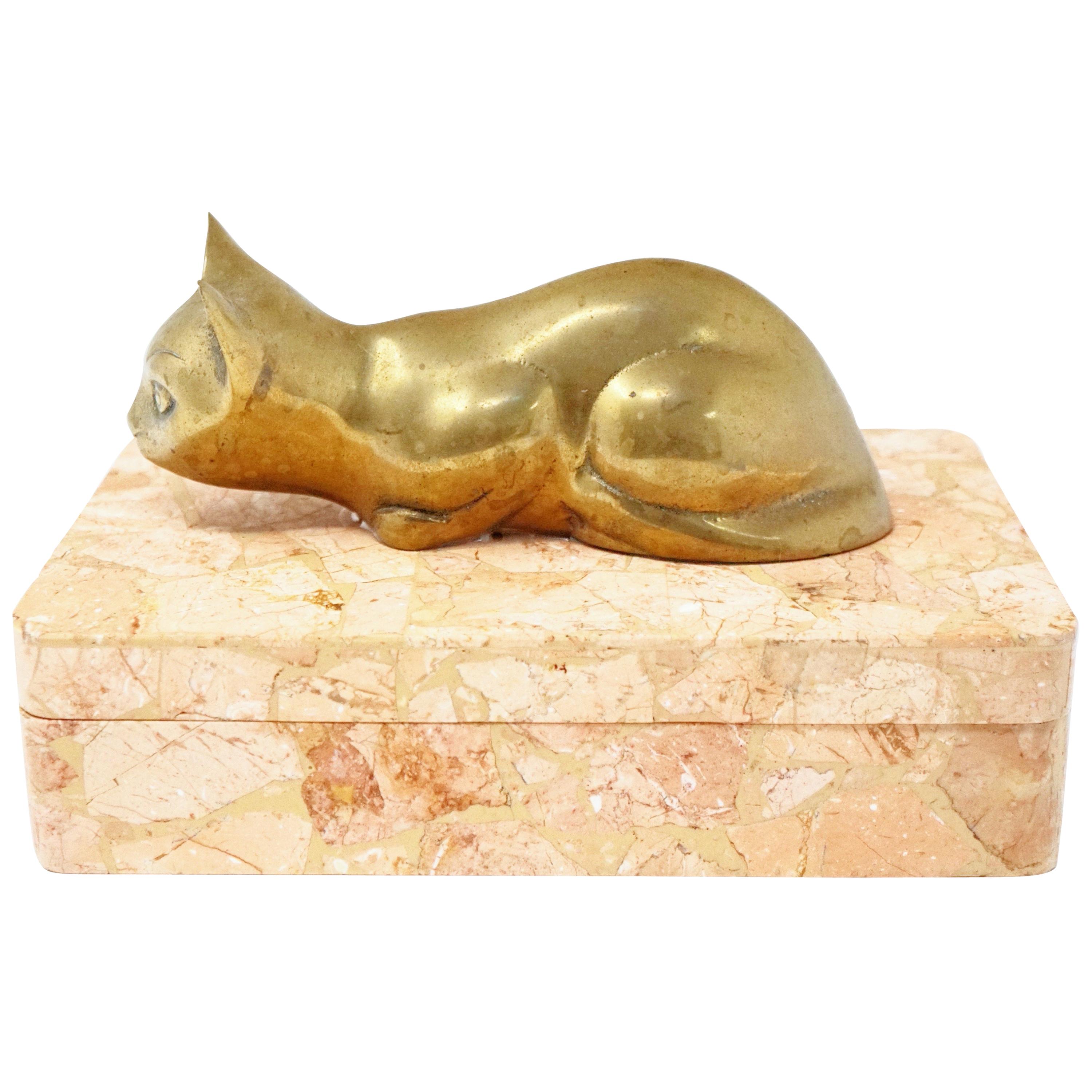 Vintage Maitland Smith Tessellated Stone Box with Brass Cat Figurine Handle