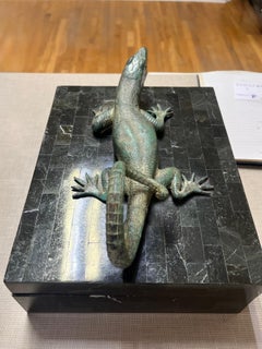 Vintage Maitland Smith tessellated stone box with bronze figural lizard handle
