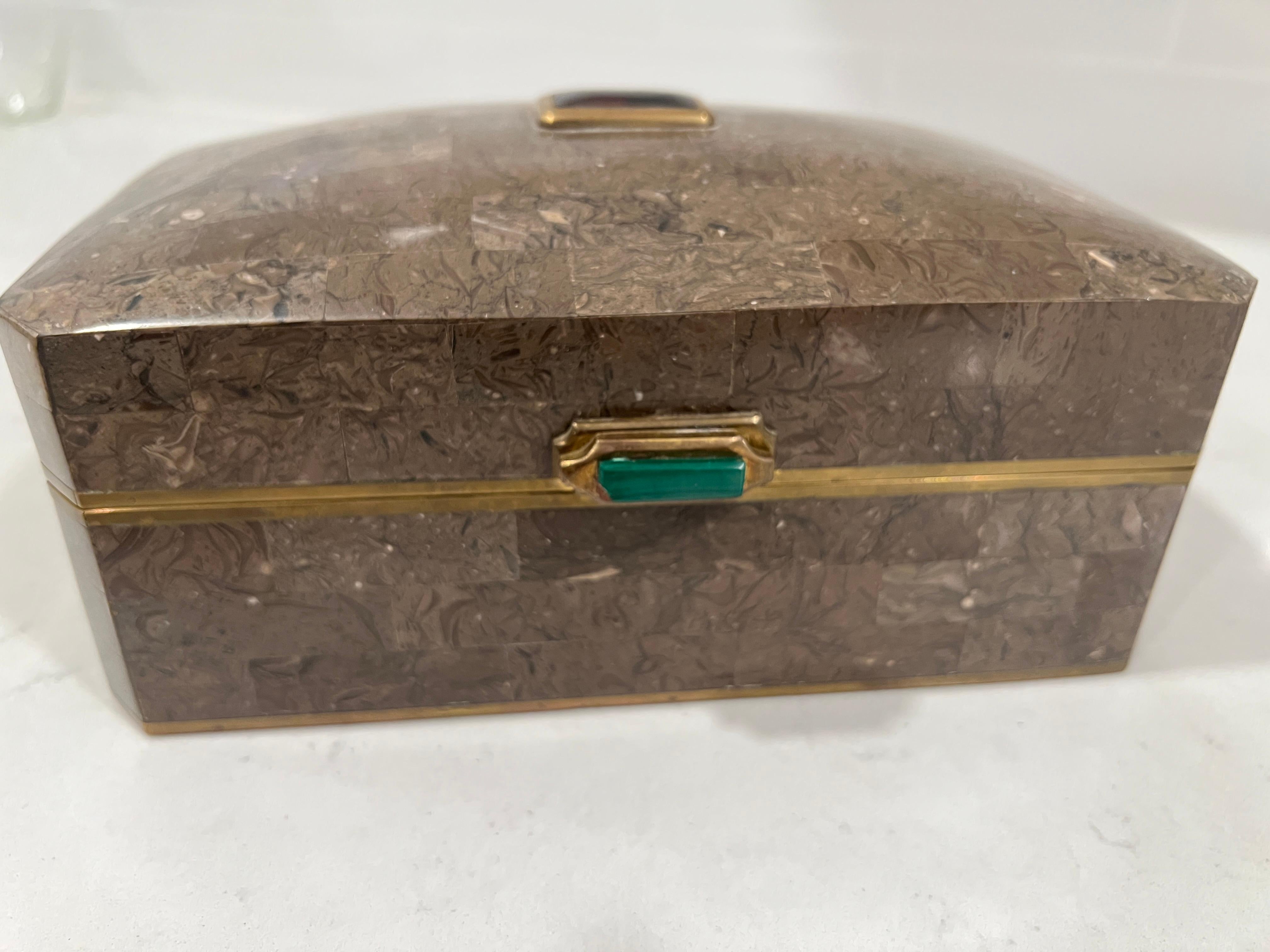 Vintage Maitland Smith Tessellated Stone, Brass, Malachite & Amethyst Box For Sale 4