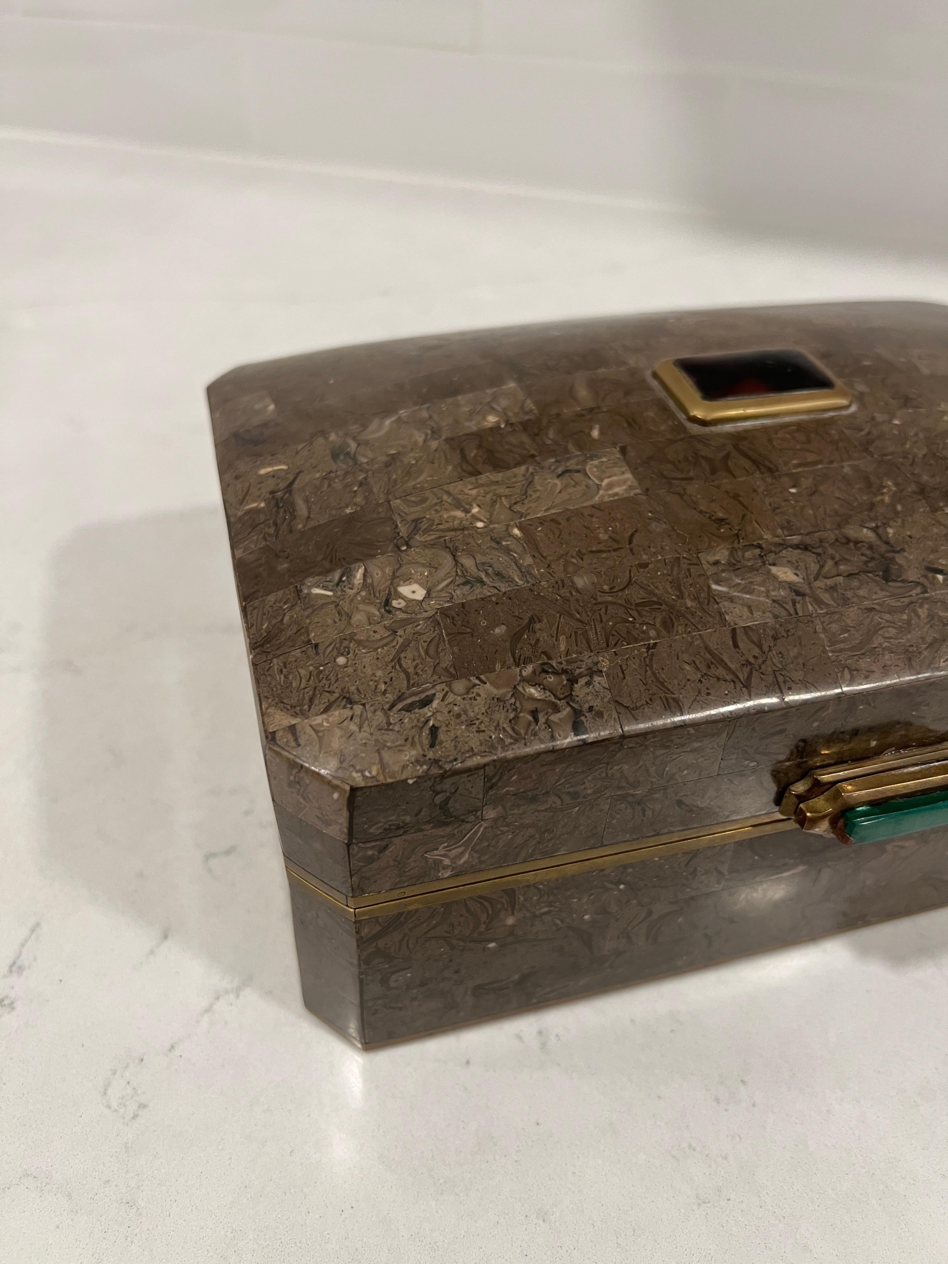 Vintage Maitland Smith Tessellated Stone, Brass, Malachite & Amethyst Box For Sale 1