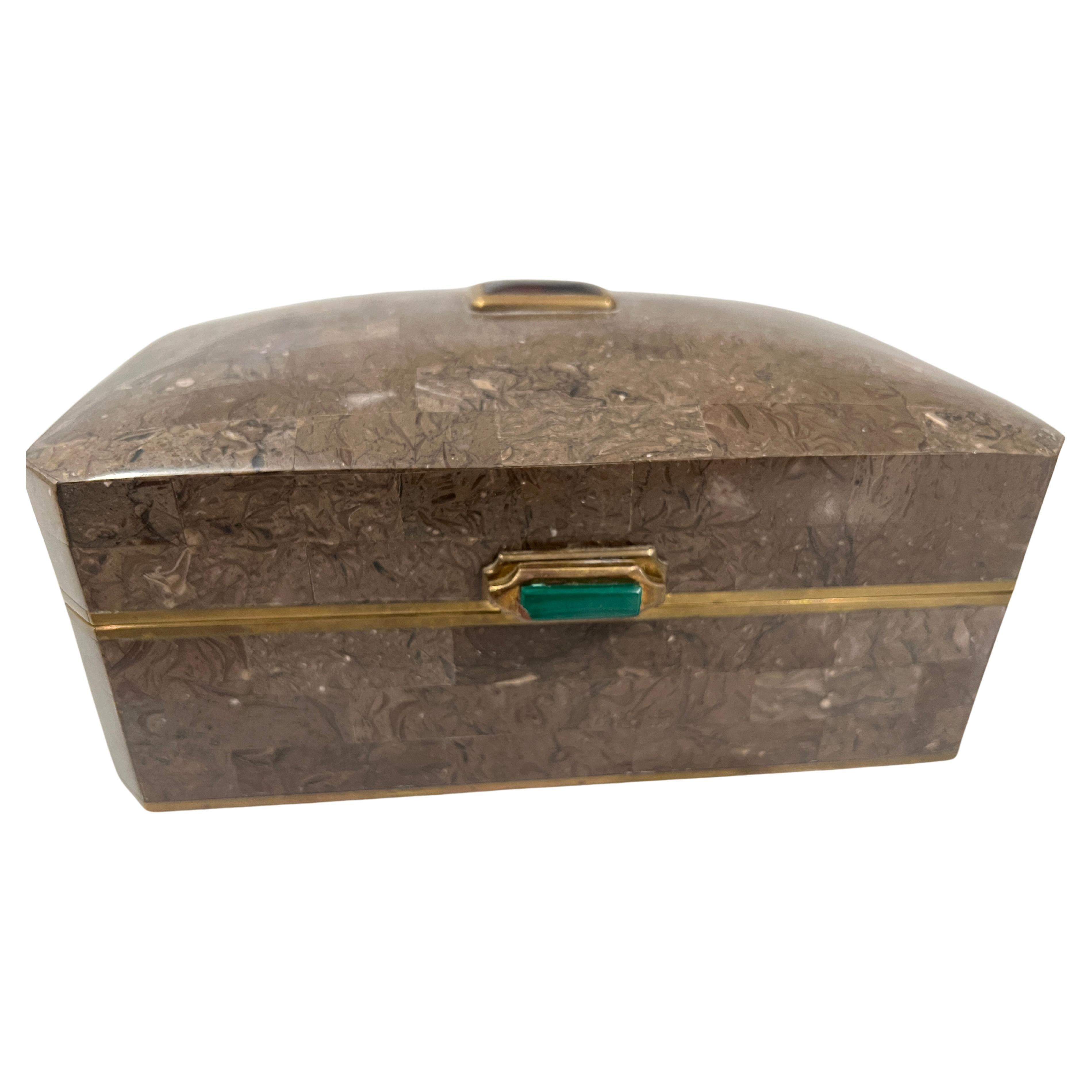 Vintage Maitland Smith Tessellated Stone, Brass, Malachite & Amethyst Box For Sale