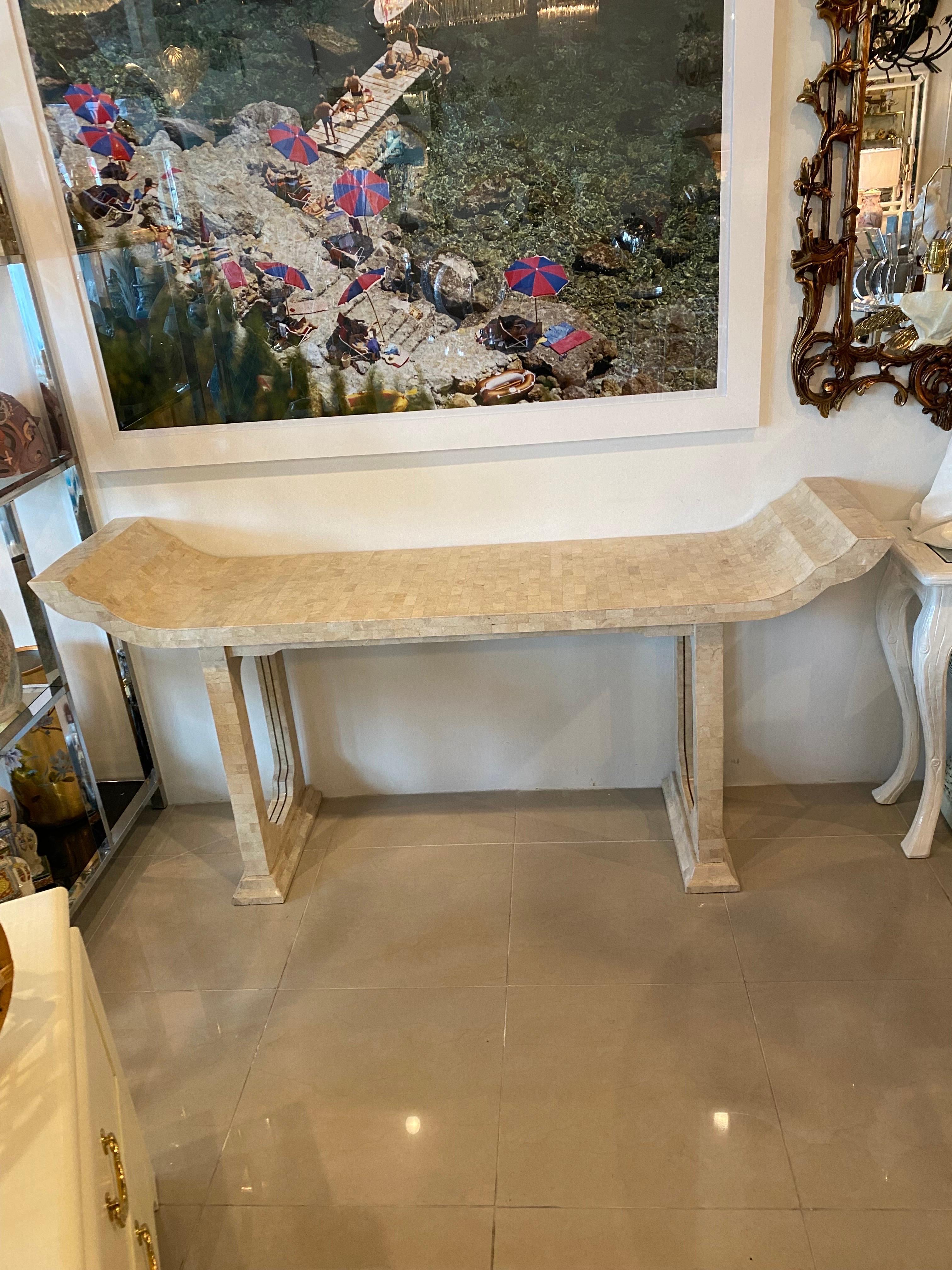 Philippine Vintage Maitland Smith Tessellated Stone & Brass Pagoda Console Table For Sale