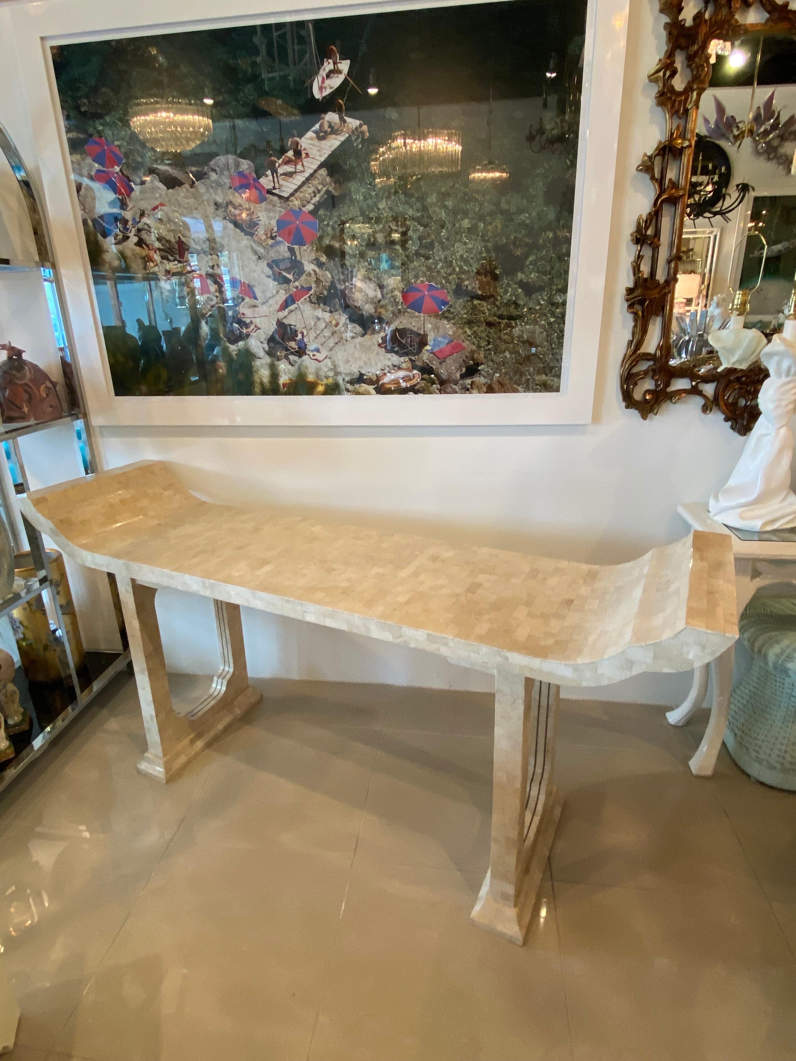 Late 20th Century Vintage Maitland Smith Tessellated Stone & Brass Pagoda Console Table For Sale