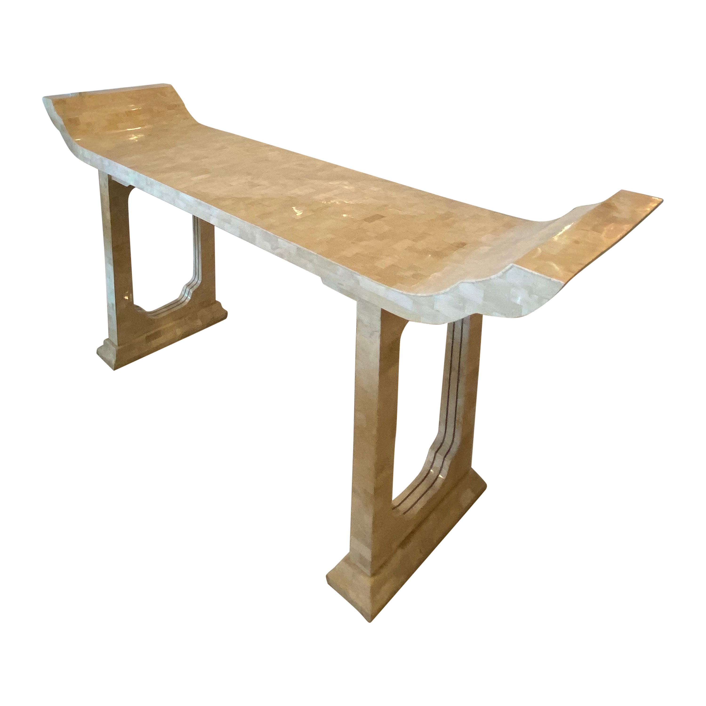 Table console pagode vintage Maitland Smith en pierre tessellée et laiton