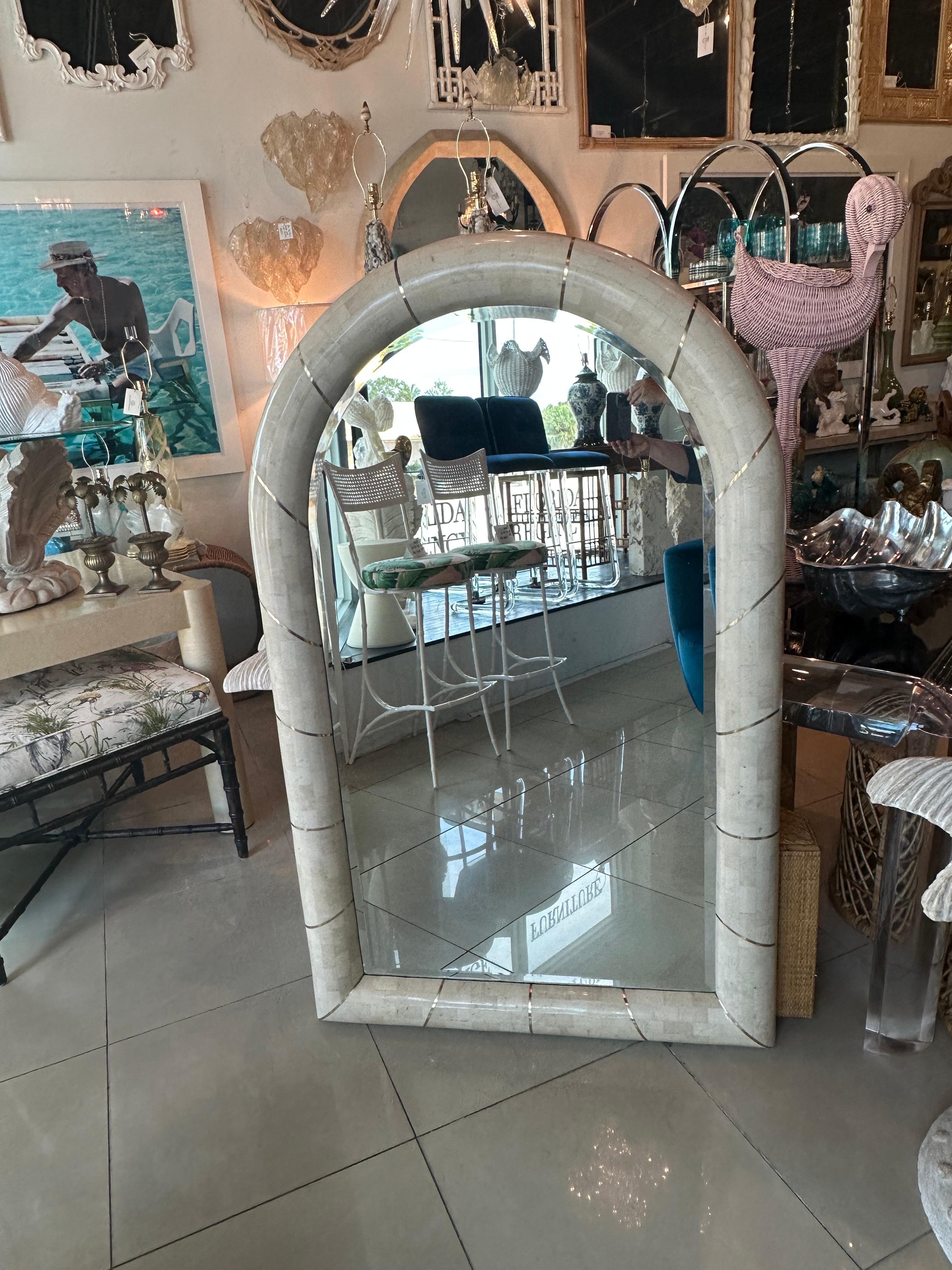 Late 20th Century Vintage Maitland Smith Tessellated Stone Inlaid Brass Arch Wall Mirror 