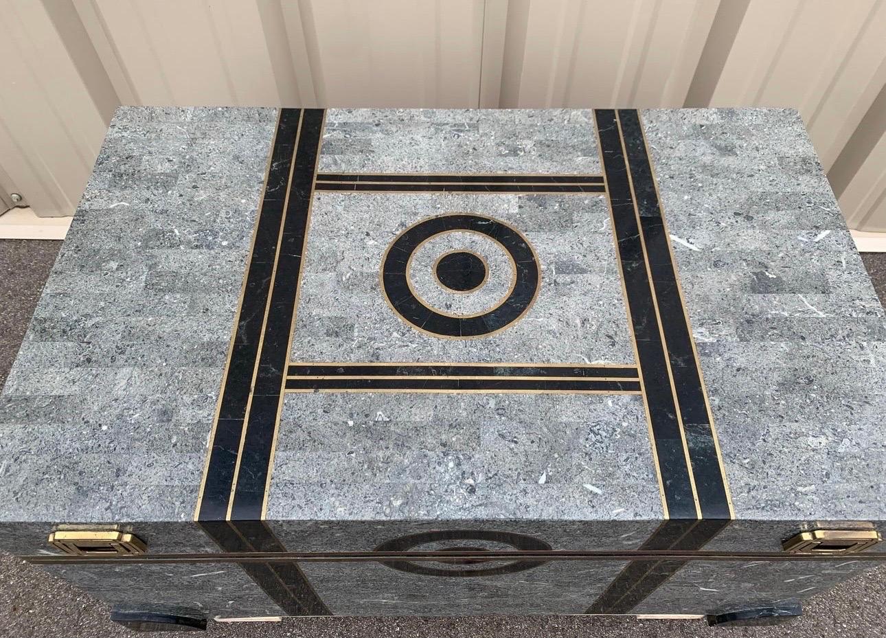 Post-Modern Vintage Maitland-Smith Tessellated Stone Marble With Brass Inlay Trunk For Sale
