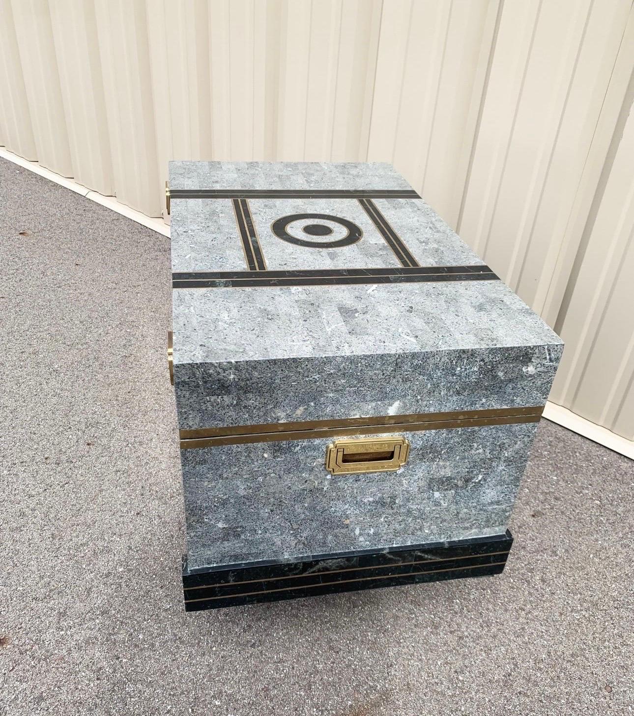 20th Century Vintage Maitland-Smith Tessellated Stone Marble With Brass Inlay Trunk For Sale