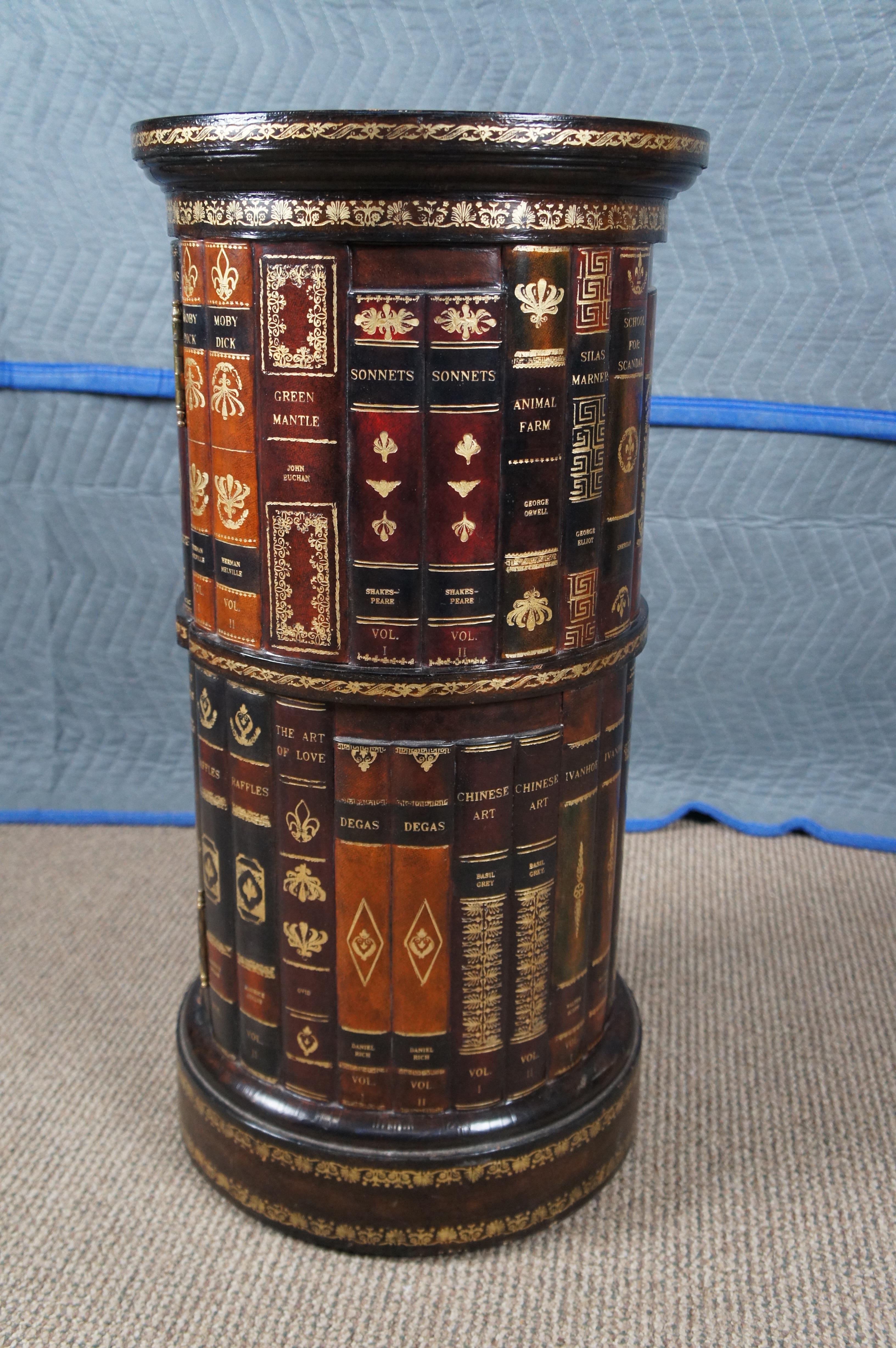 Vintage Maitland Smith Tooled Leather Round Somno Faux Book Side Table Cabinet 6