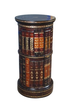 Vintage Maitland Smith Tooled Leather Round Somno Faux Book Side Table Cabinet