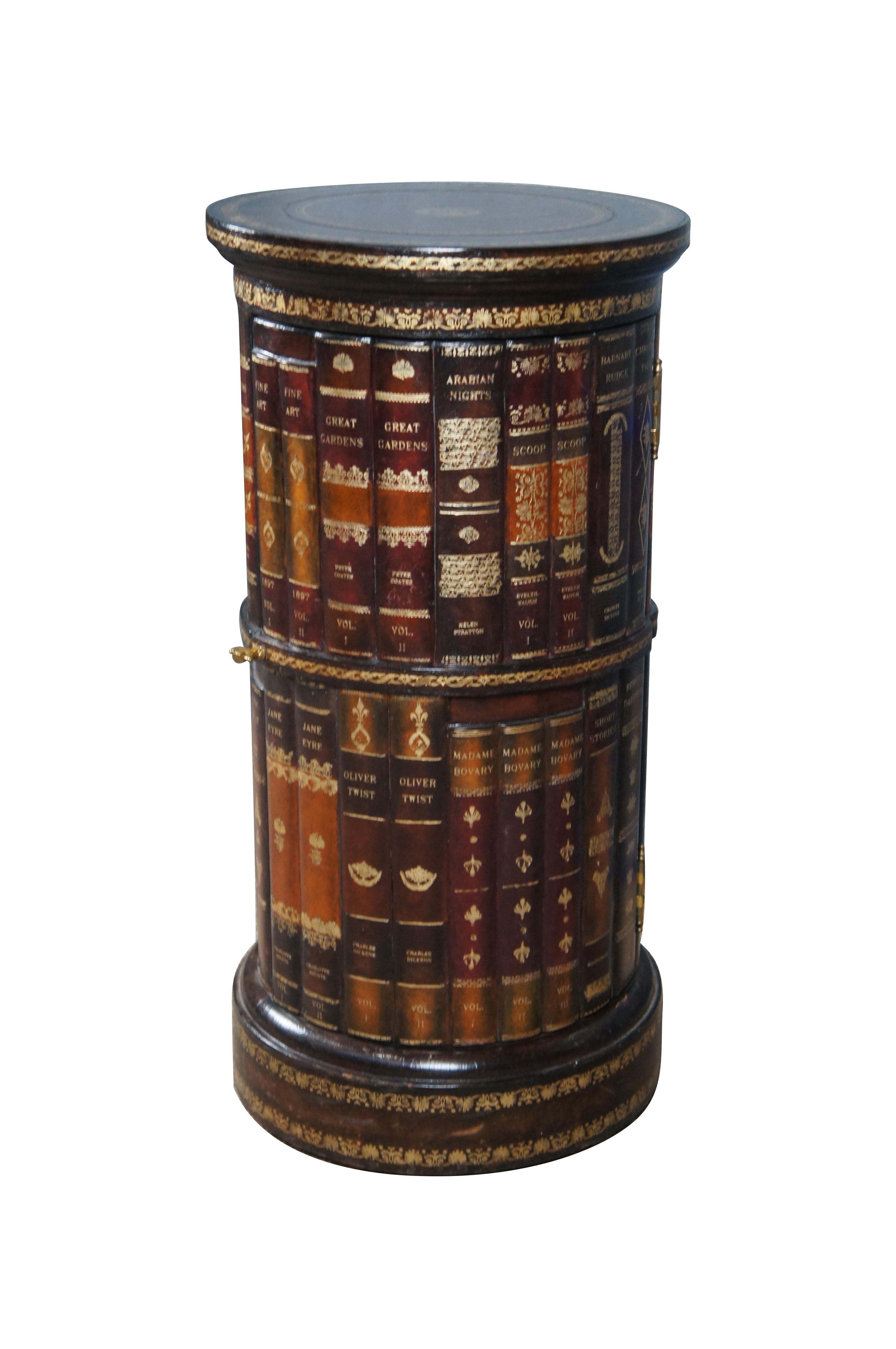 British Colonial Vintage Maitland Smith Tooled Leather Round Somno Faux Book Side Table Cabinet