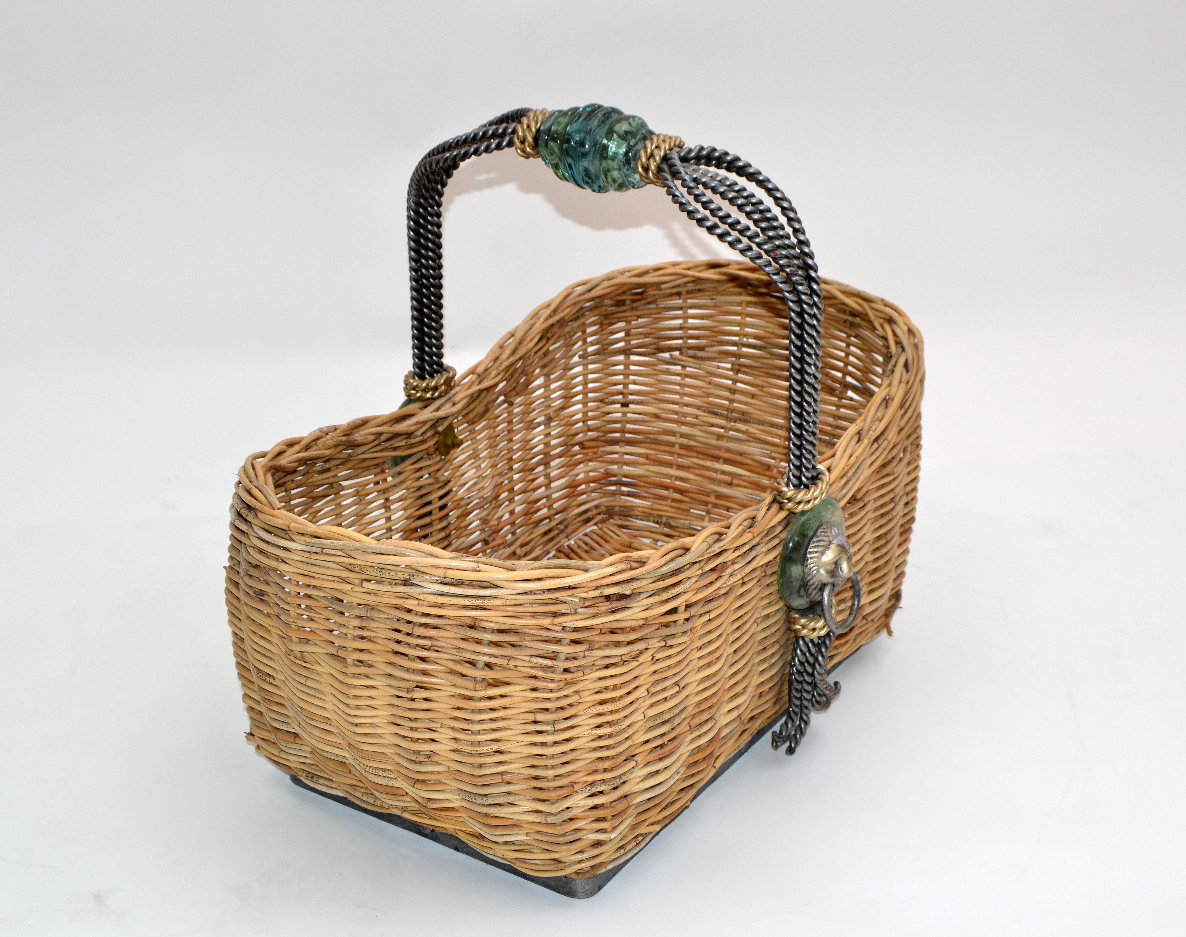 Late 20th Century Vintage Maitland Smith Wicker Reed, Wrought Iron, Glass & Brass Lion Head Basket