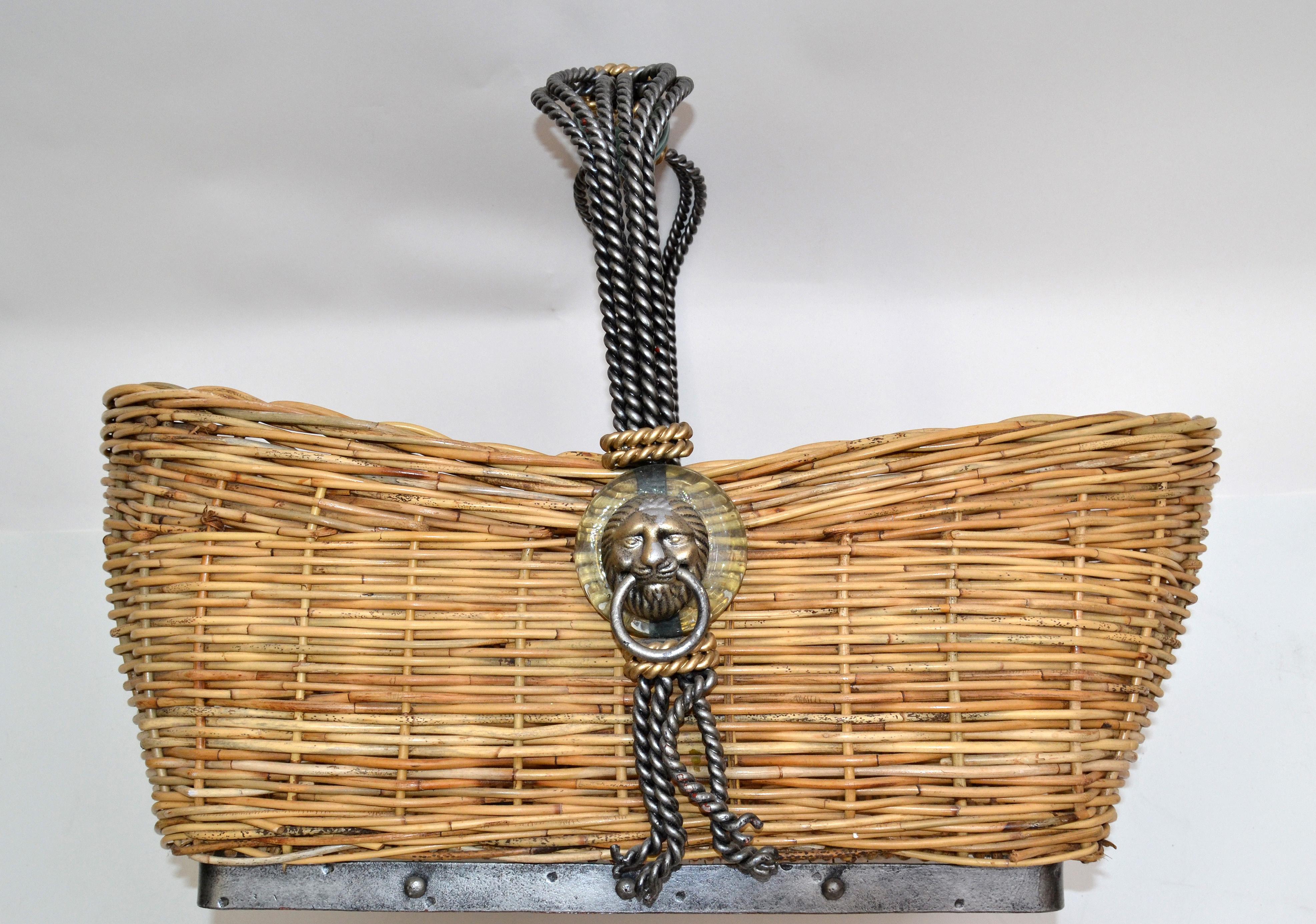 Vintage Maitland Smith Wicker Reed, Wrought Iron, Glass & Brass Lion Head Basket 1