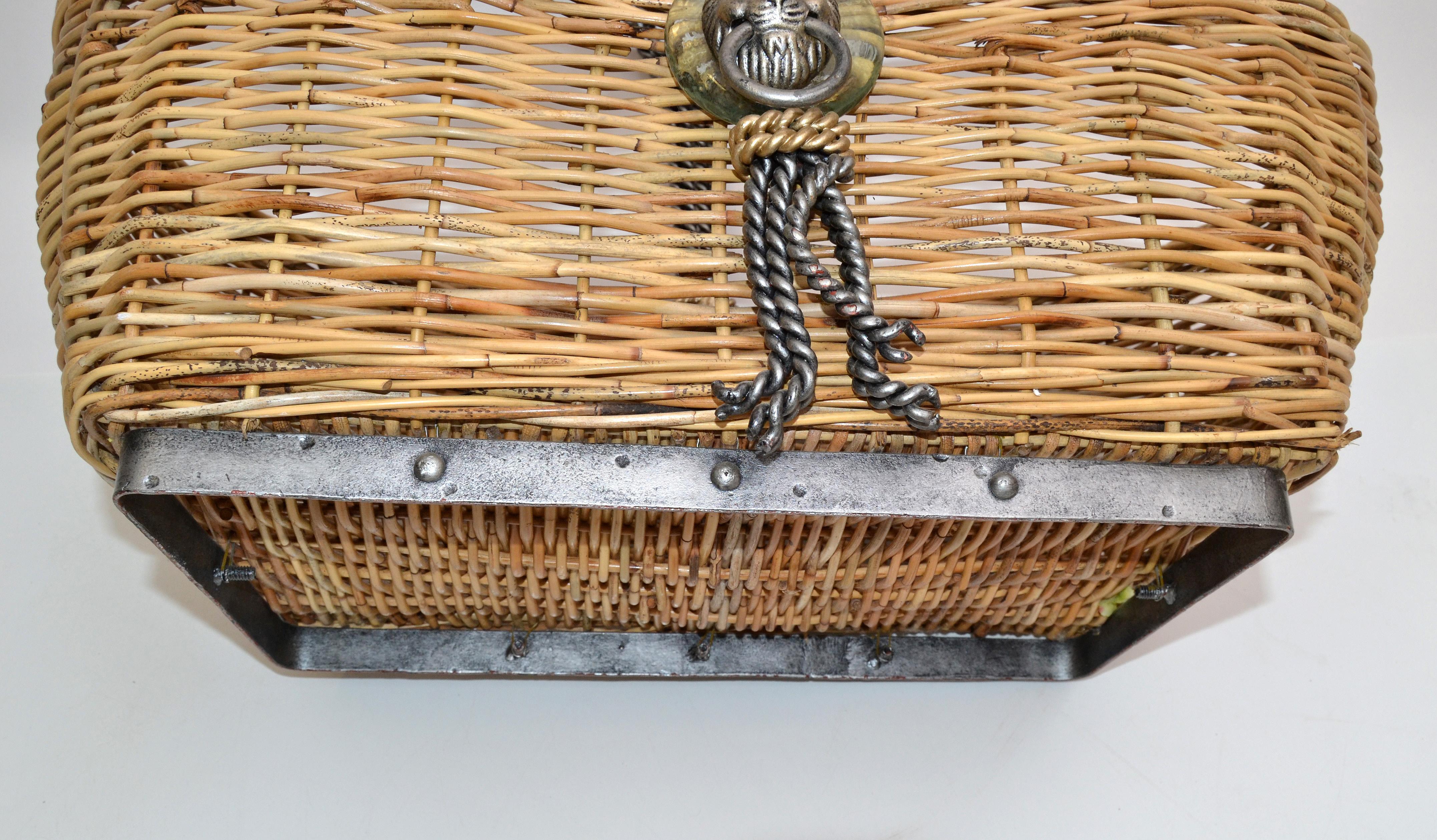 Vintage Maitland Smith Wicker Reed, Wrought Iron, Glass & Brass Lion Head Basket 4