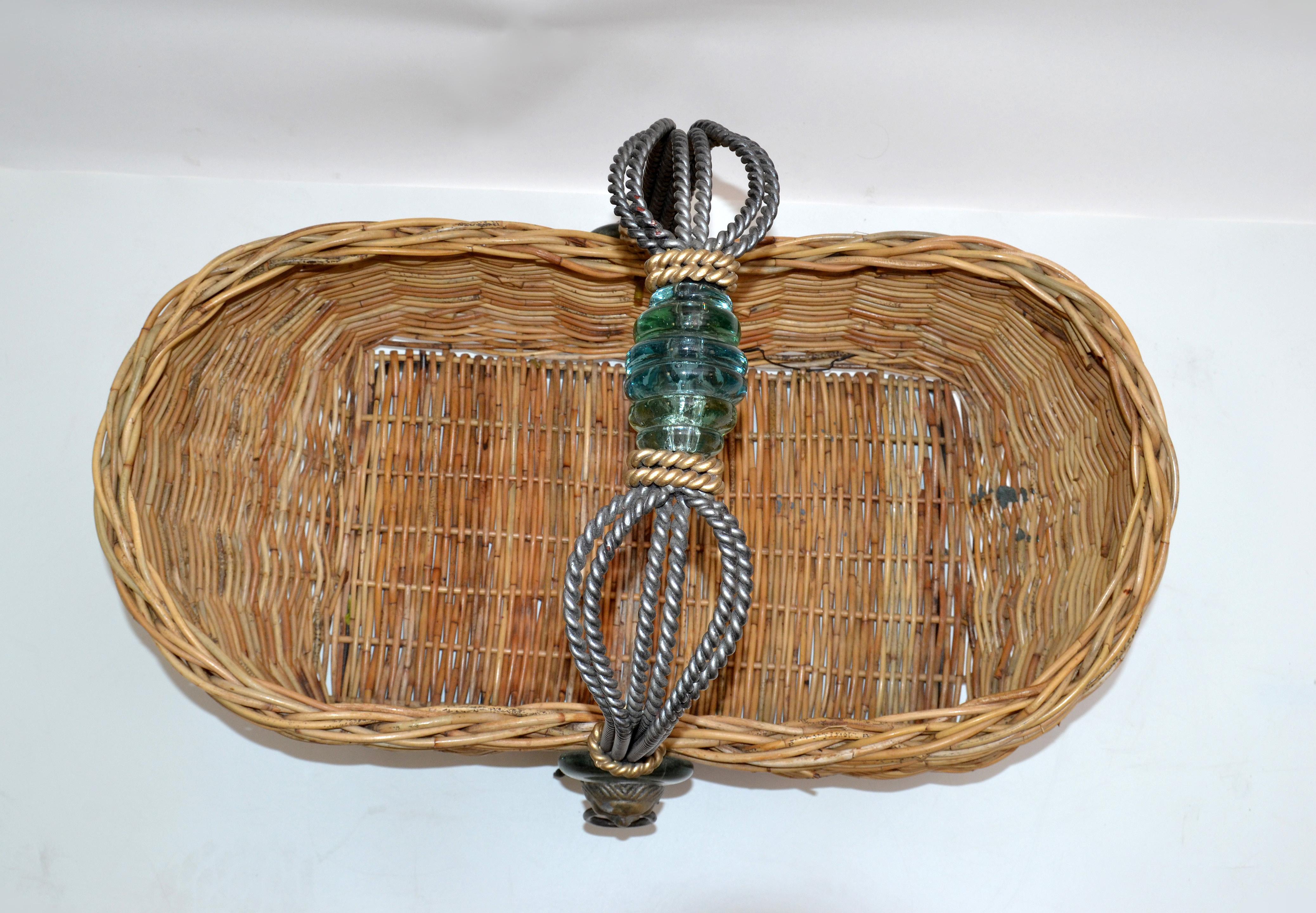 Vintage Maitland Smith Wicker Reed, Wrought Iron, Glass & Brass Lion Head Basket 5