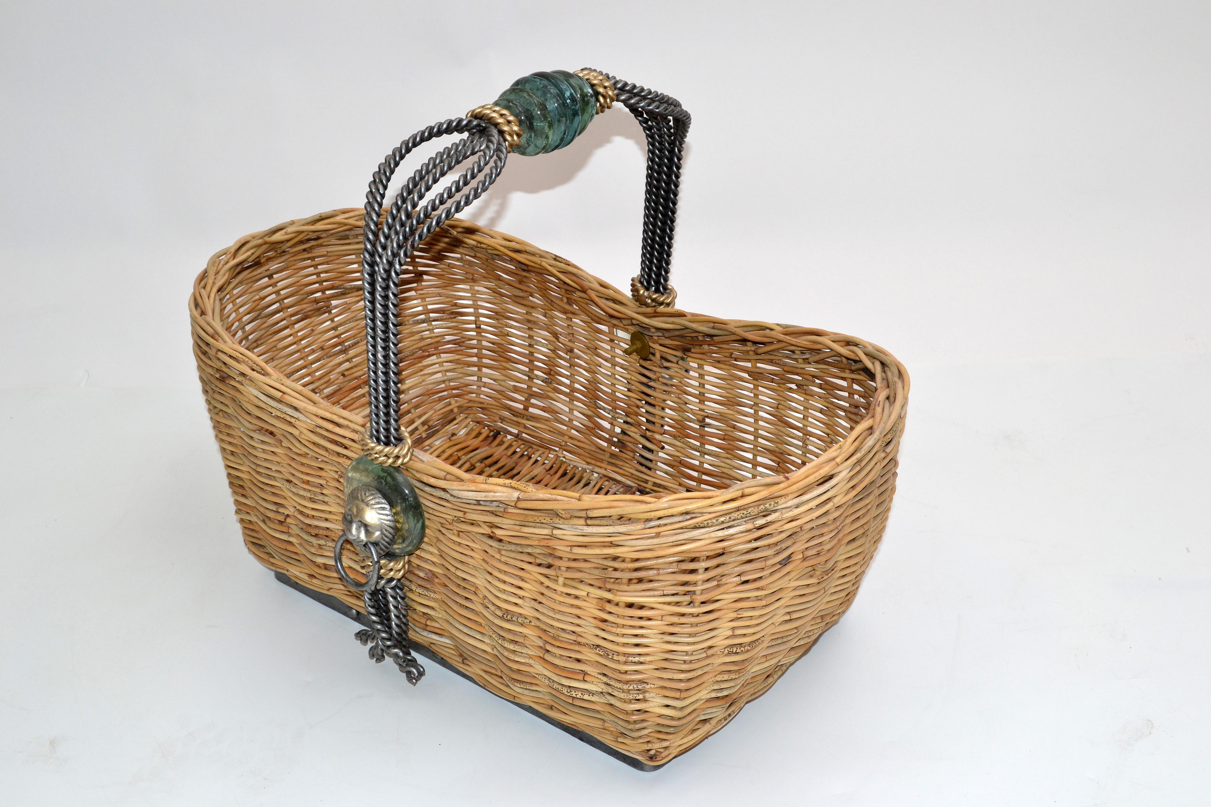 Vintage Maitland Smith Wicker Reed, Wrought Iron, Glass & Brass Lion Head Basket 6