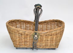 Vintage Maitland Smith Wicker Reed, Wrought Iron, Glass & Brass Lion Head Basket