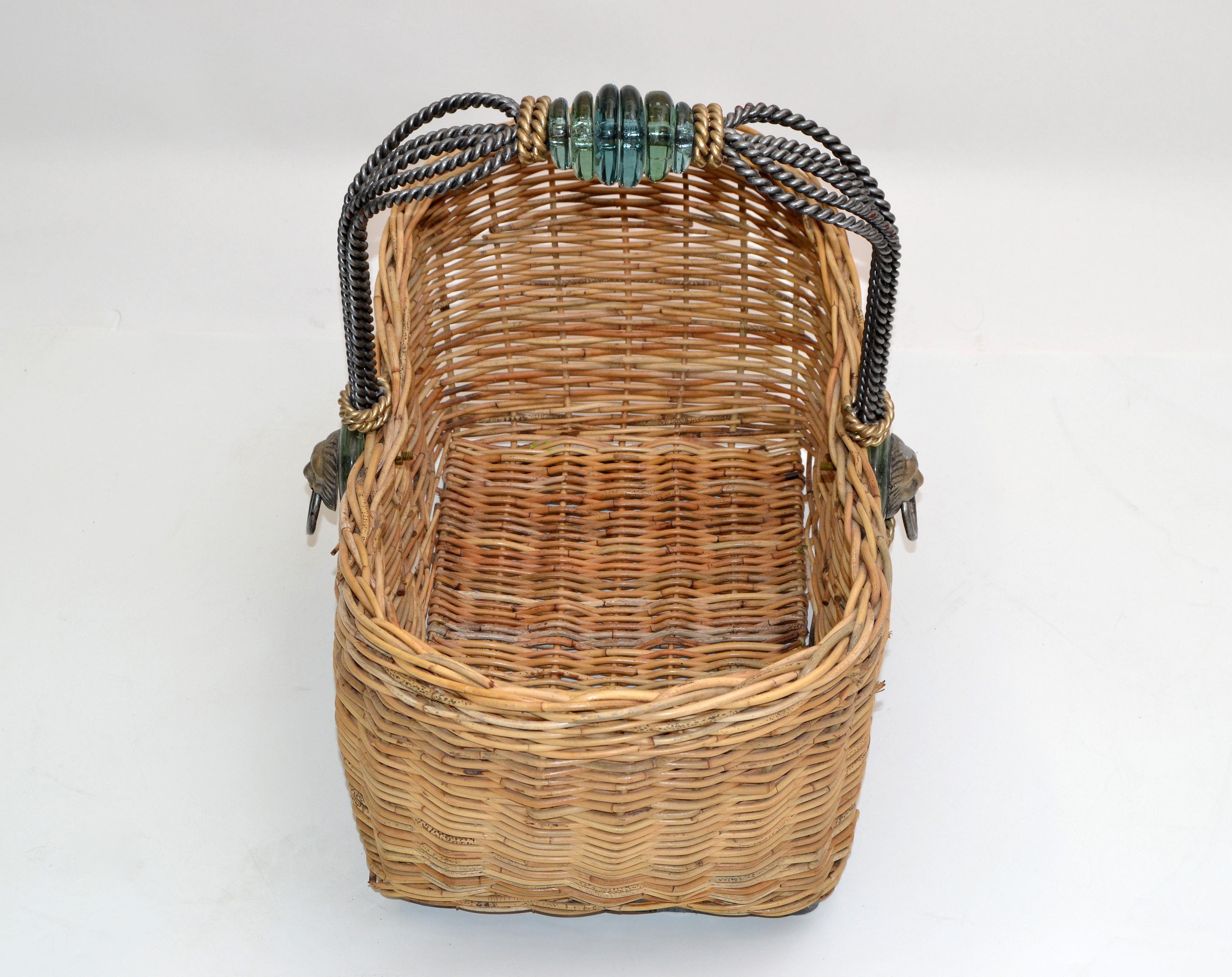 Mid-Century Modern Vintage Maitland Smith Wicker Reed, Wrought Iron, Glass & Brass Lion Head Basket