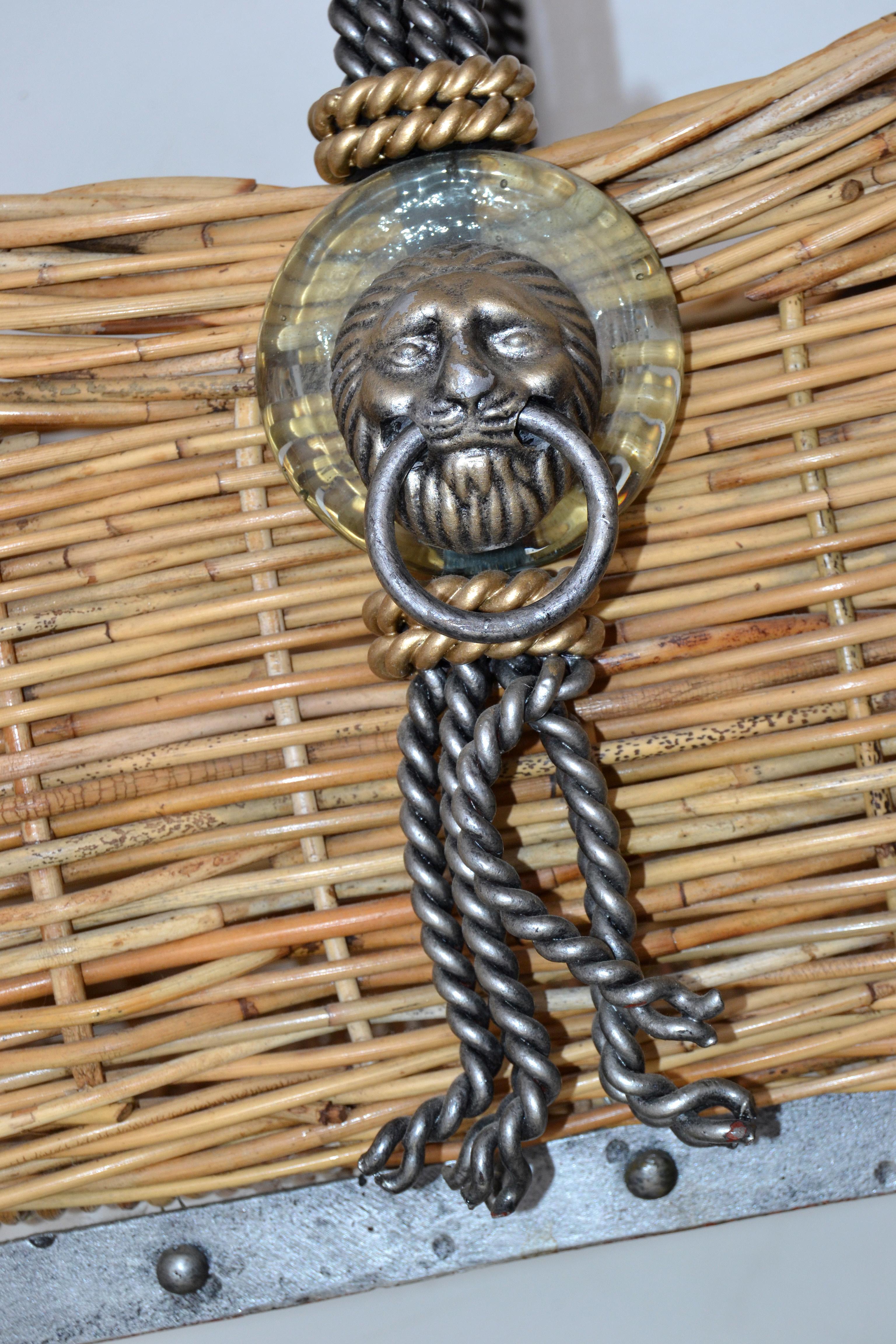 Hand-Carved Vintage Maitland Smith Wicker Reed, Wrought Iron, Glass & Brass Lion Head Basket