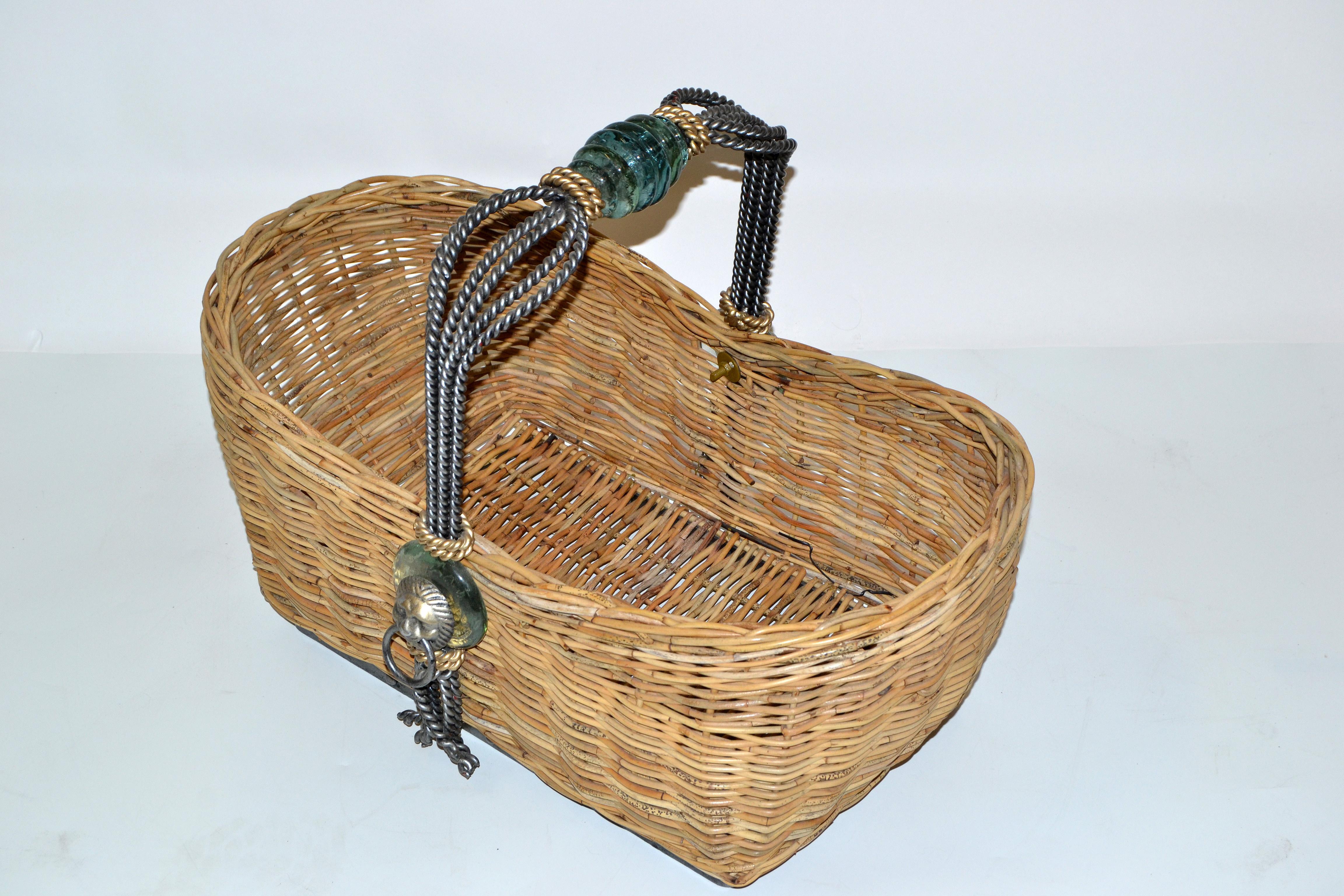 Vintage Maitland Smith Wicker Reed, Wrought Iron, Glass & Brass Lion Head Basket In Good Condition In Miami, FL